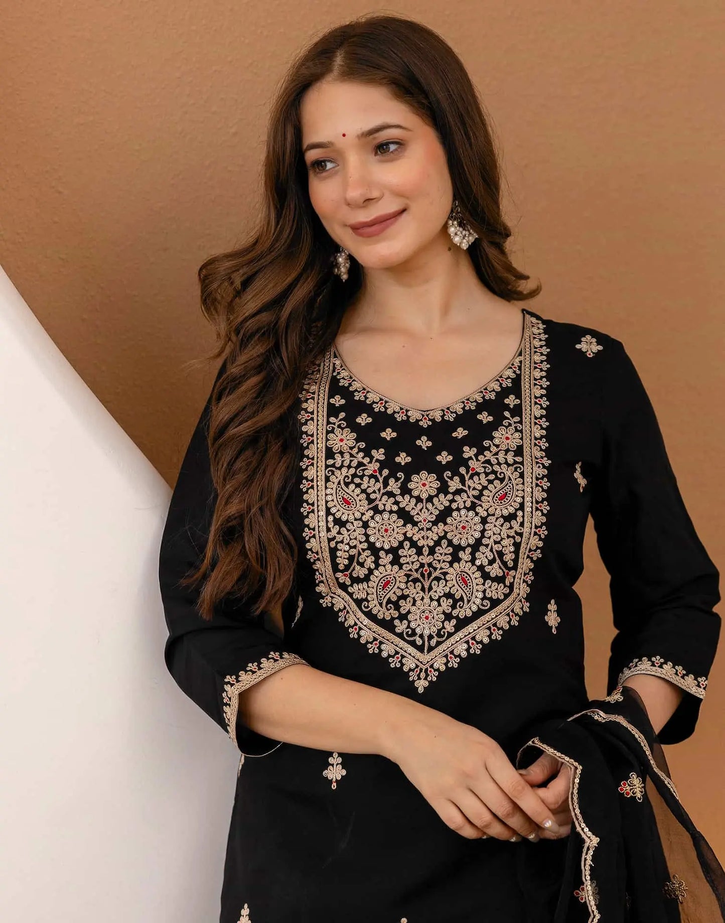 Silk Embroidered Straight Kurta with Pant & Dupatta