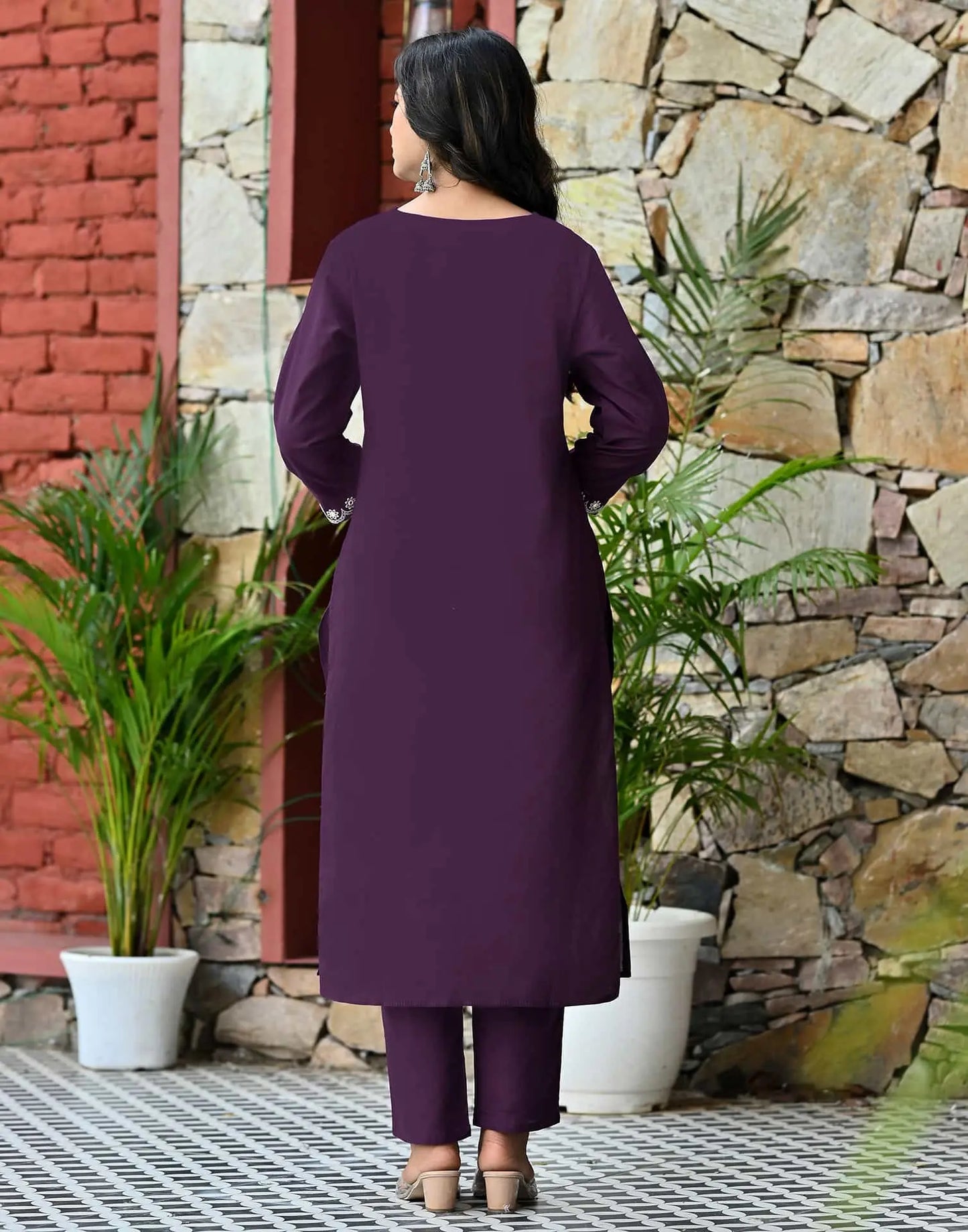 Cotton Straight Embroidery V-Neck Kurta with Pant & Dupatta