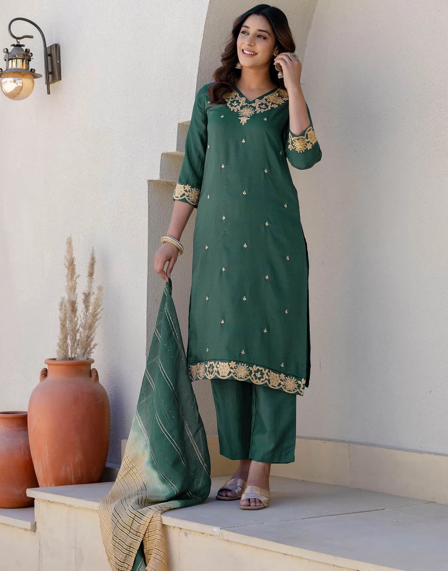 Silk Blend Embroidery, Sequin Work and Embroidery Lace Straight Kurta with Pant & Dupatta