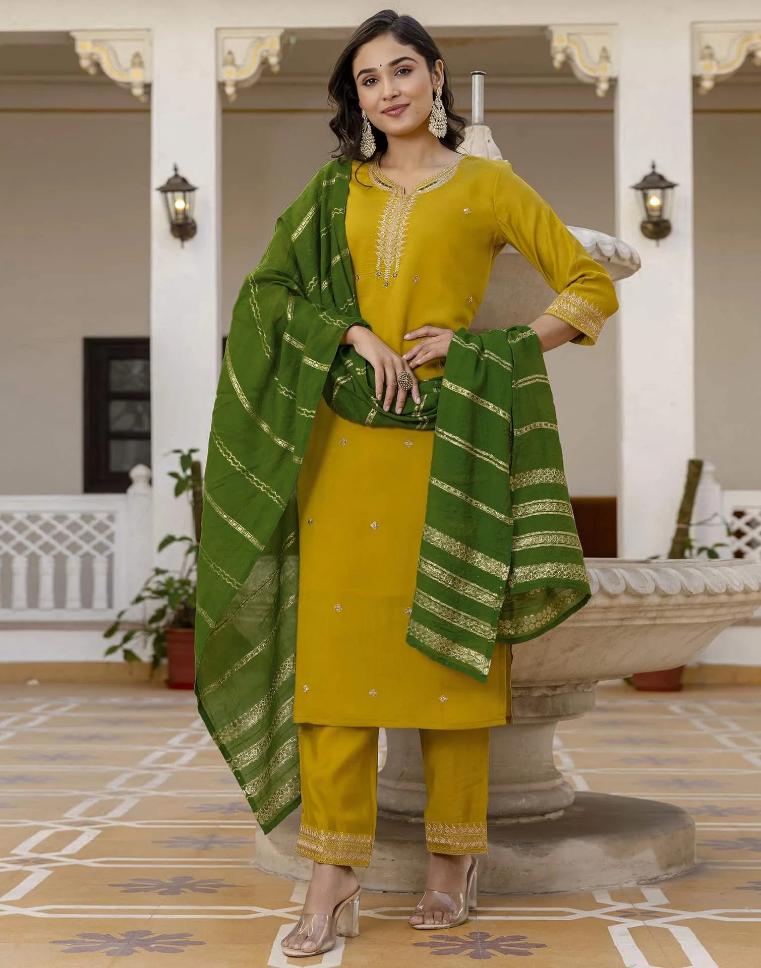 Yellow Silk Embroidered Straight Kurta with Pant and Dupatta