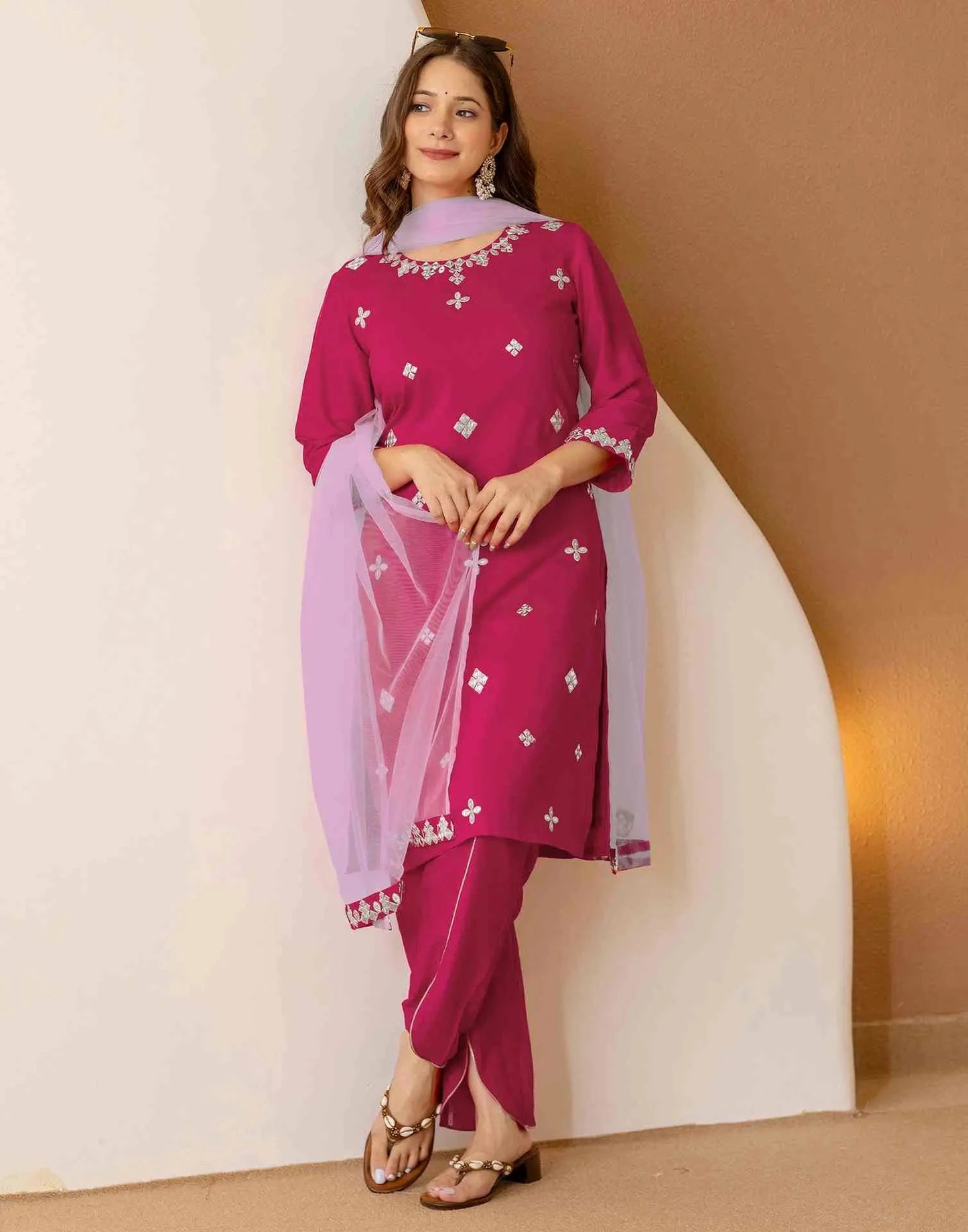 Chinnon Embroidered Straight Round Neck Kurta with Pant & Dupatta