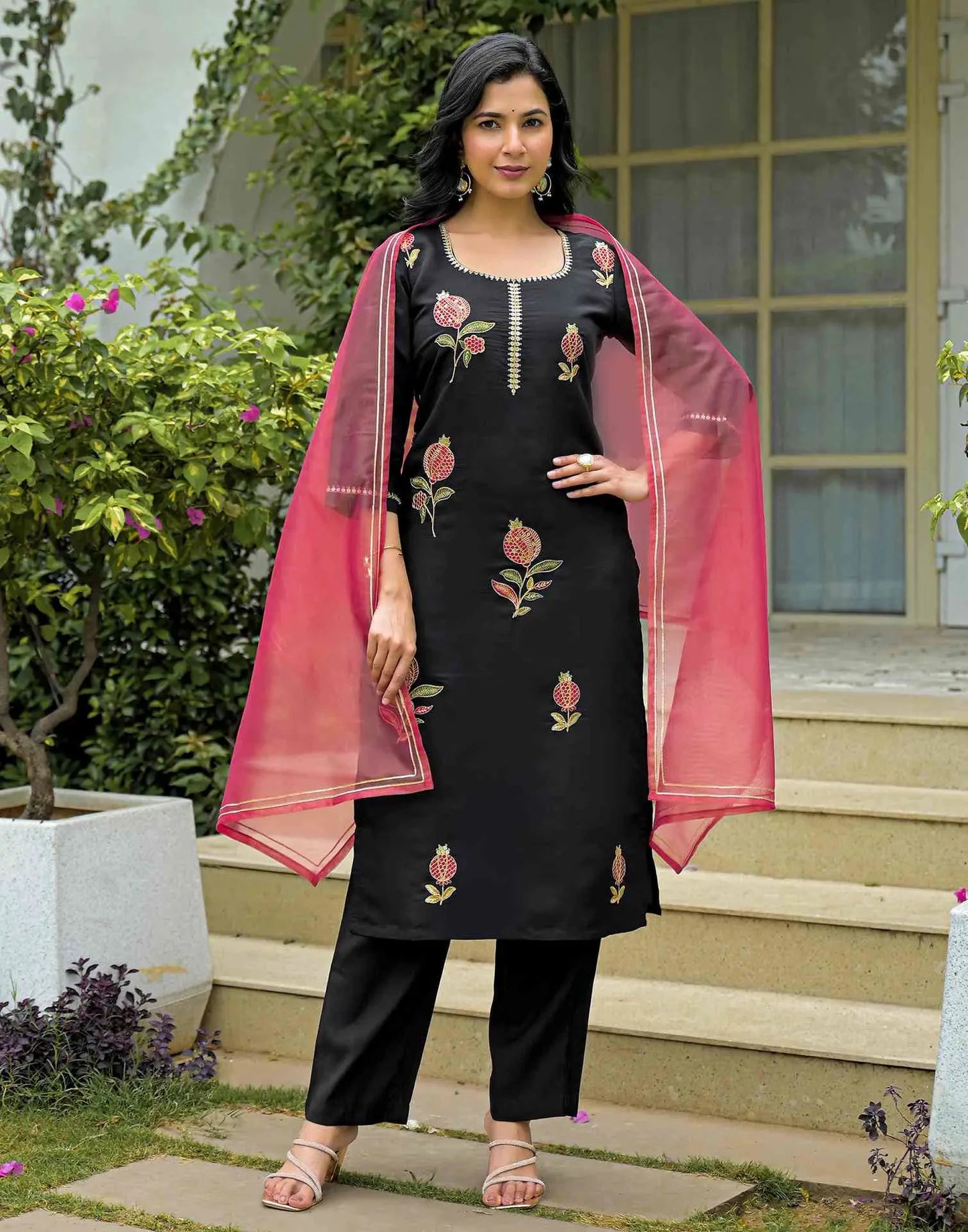 Silk Blend Embroidered Straight Round Neck Kurta with Pant & Dupatta