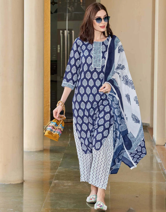 Stylish Dark Blue Rayon Floral Kurta Set with dupatta 