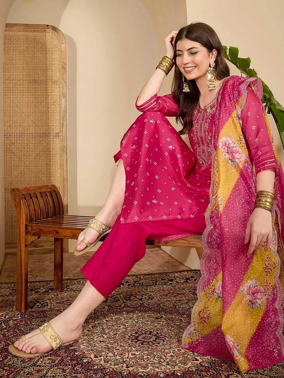 Pink Silk Bandhani Printed Straight Kurta Set with Pant & Dupatta under 1299
