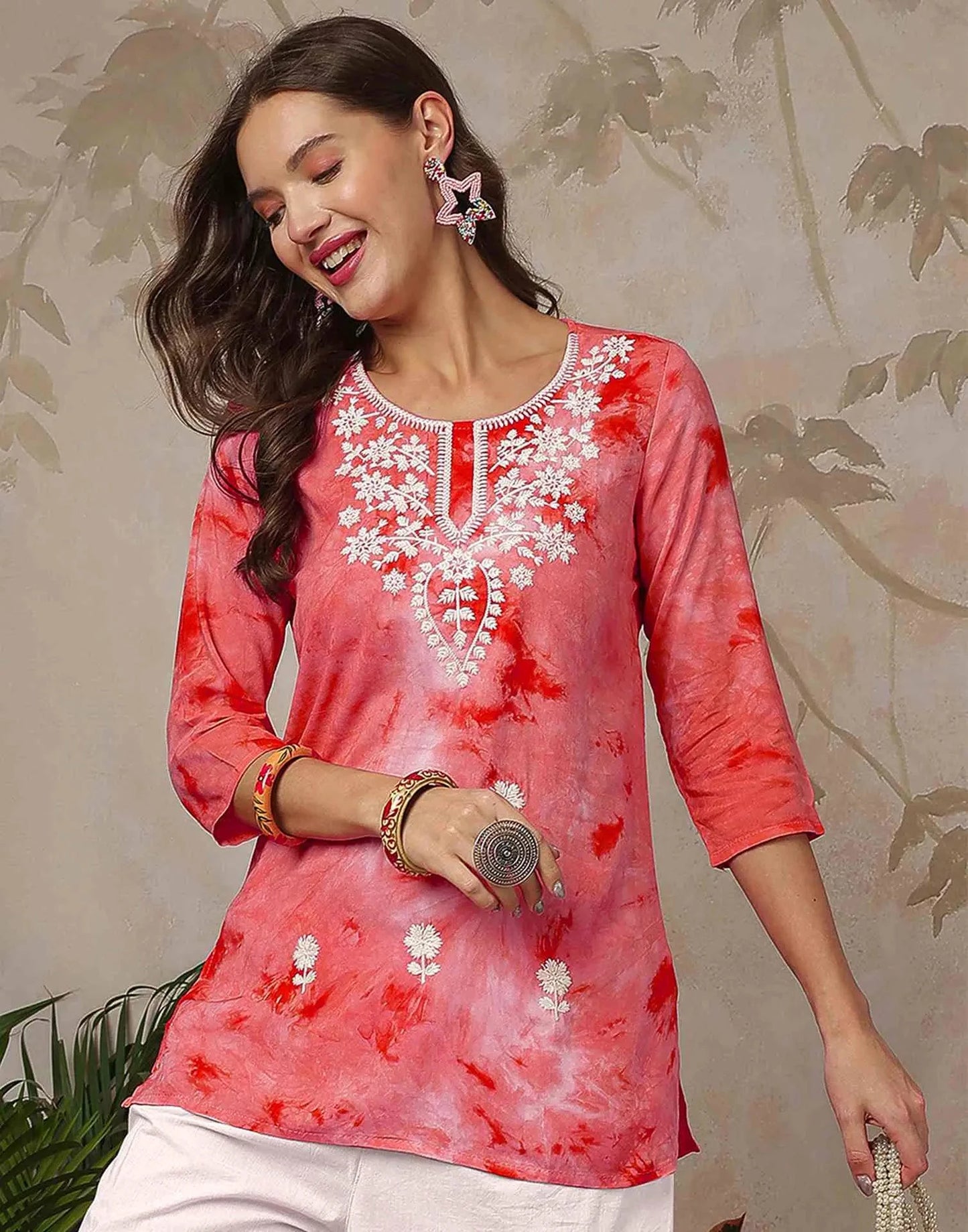 Rayon Chikankari Flared Round Neck Short Kurti