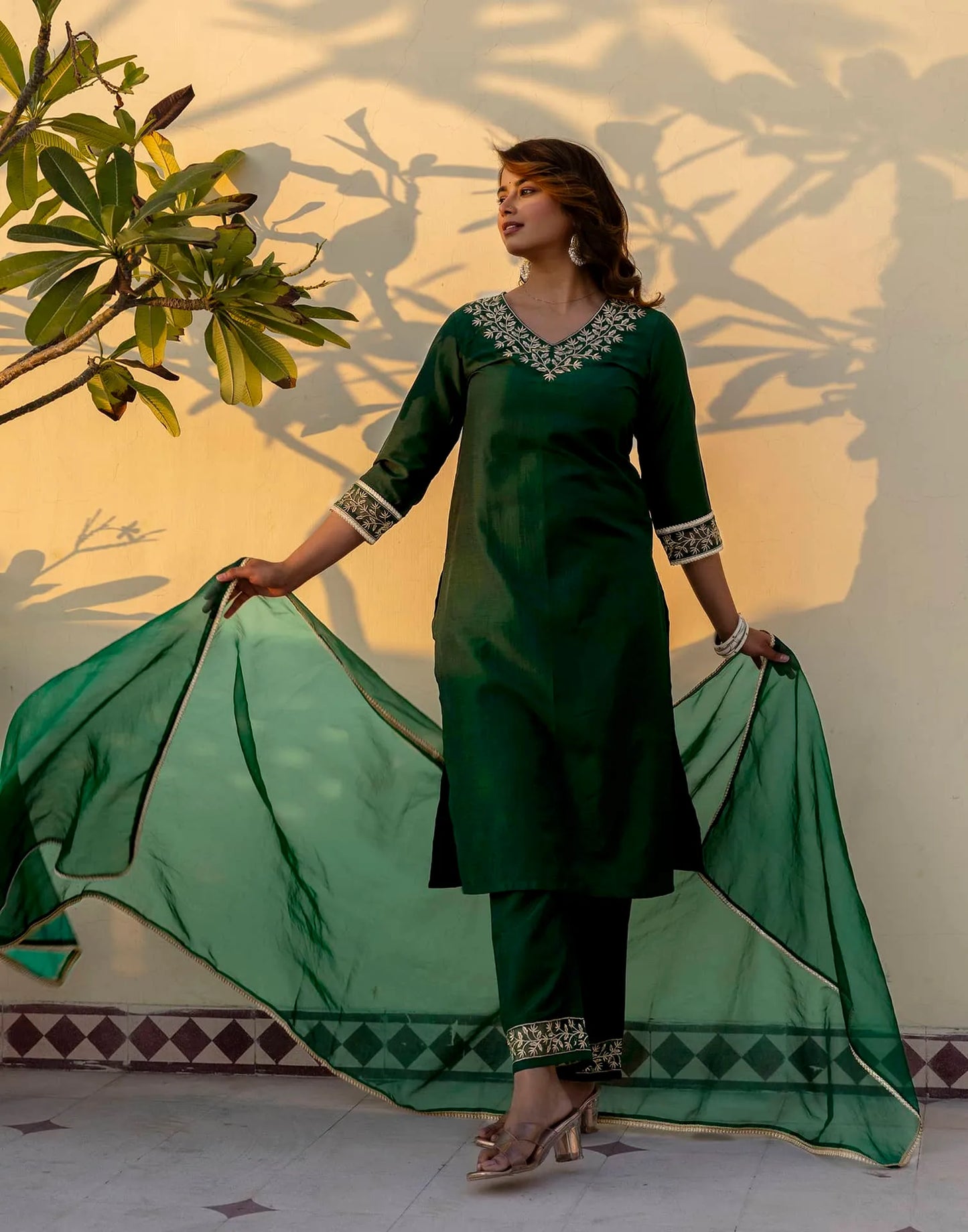 Silk Blend Sequins, Embroidery and Lace Straight Kurta with Pant & Dupatta