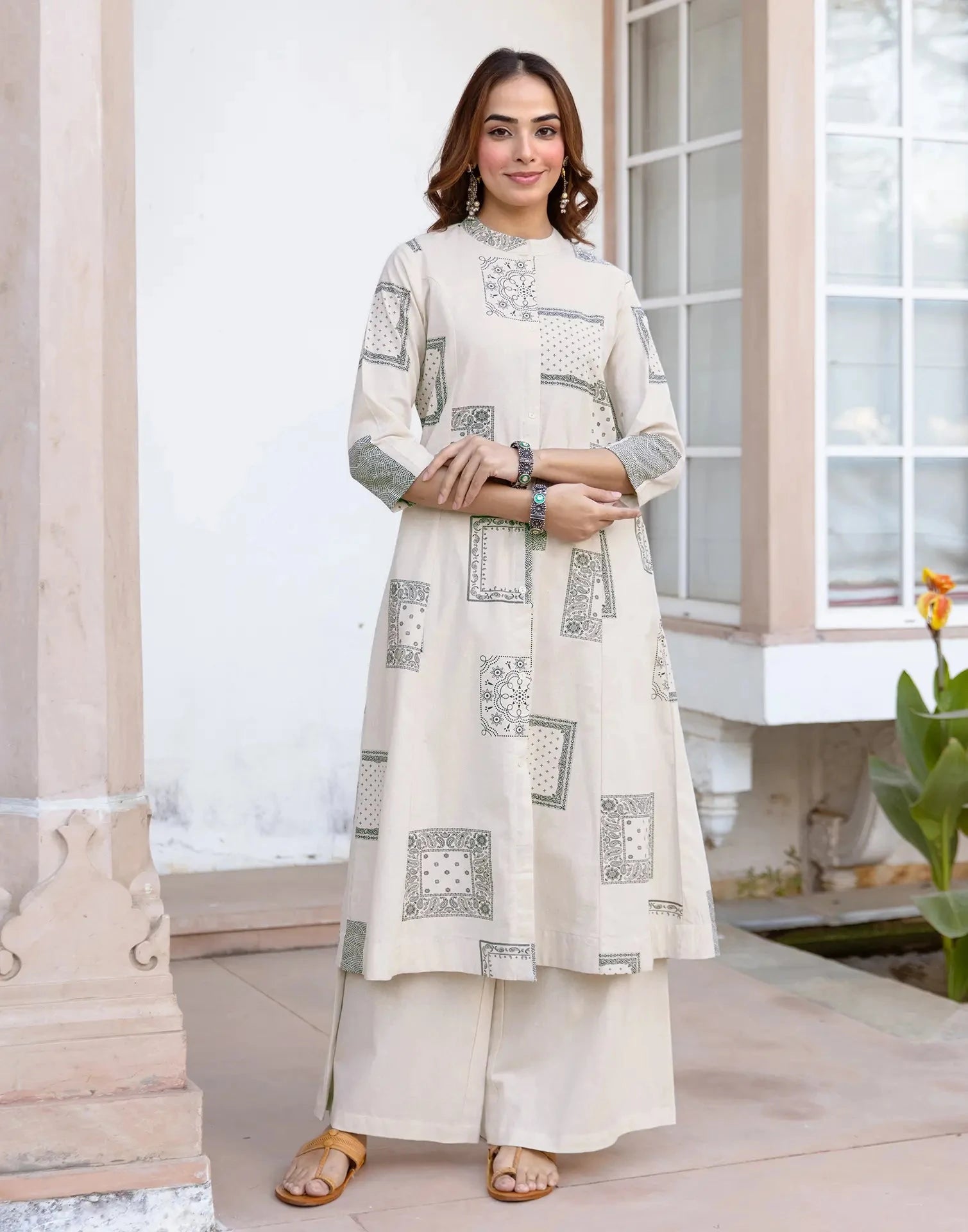 Yogurt White Mandarin Collar Patchwork Inspired Ethnic Print A-Line Co-ords