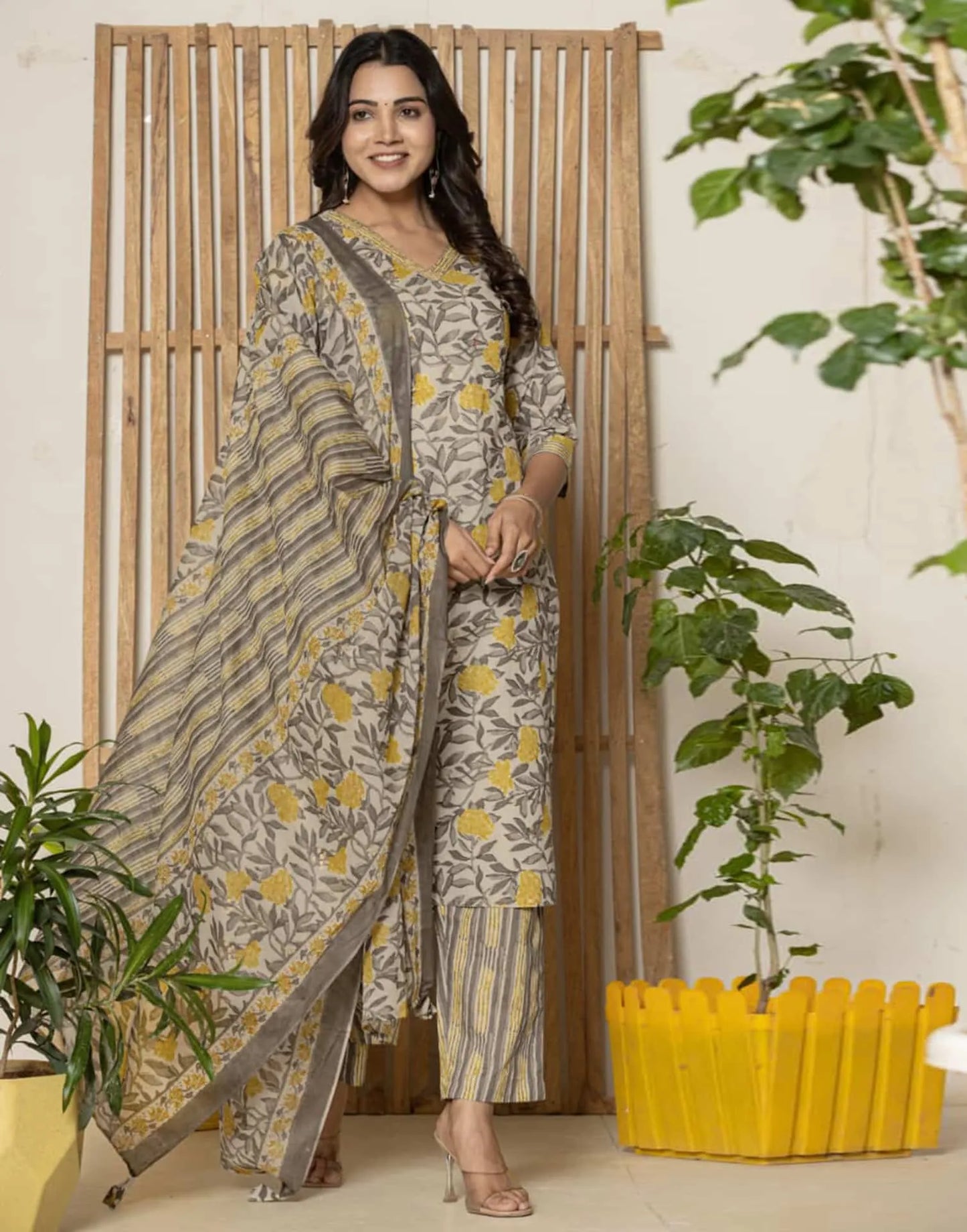 Cotton Straight Printed V-Neck Kurta with Pant & Dupatta