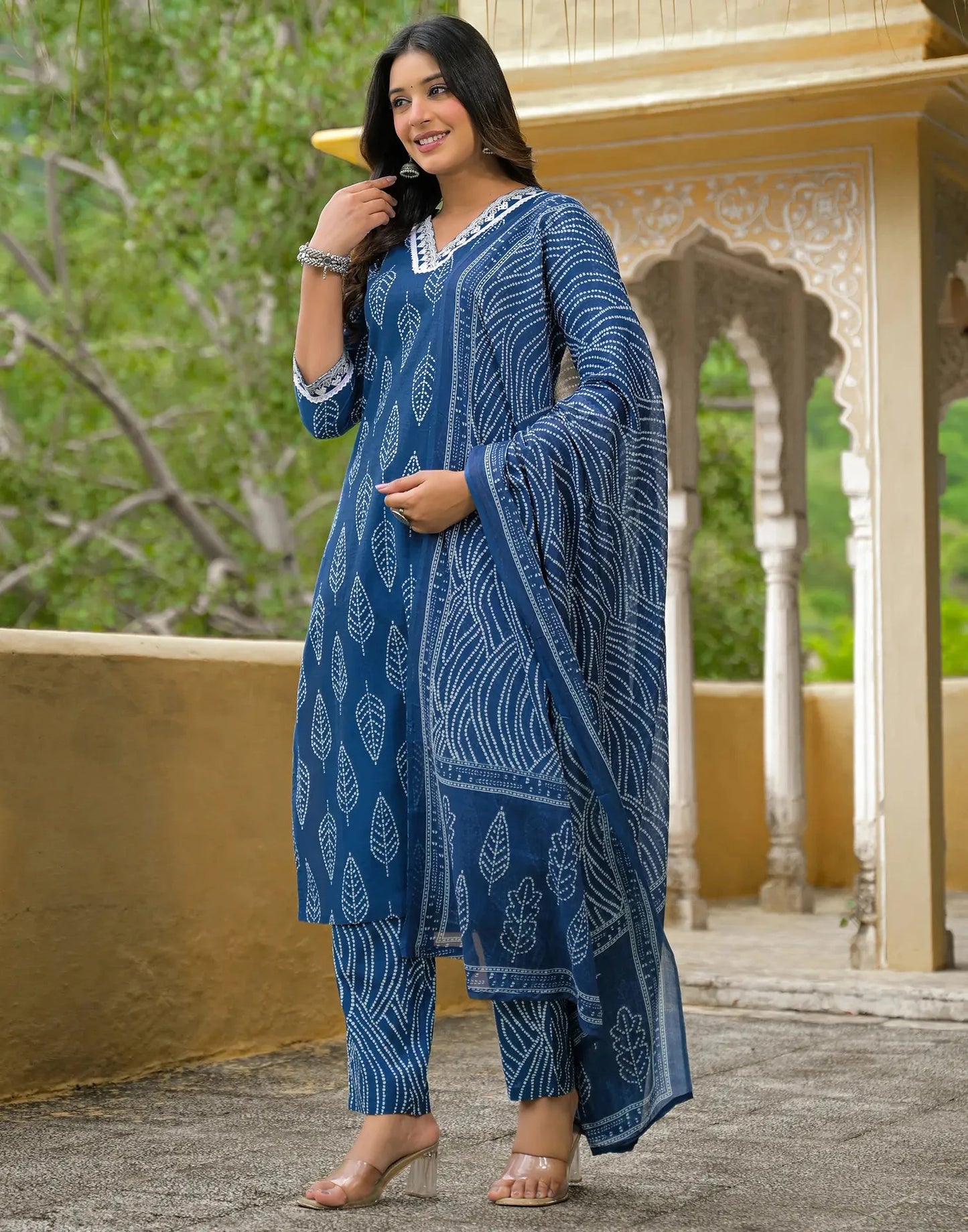 Cotton Printed V-Neck Straight Kurta with Pant & Dupatta