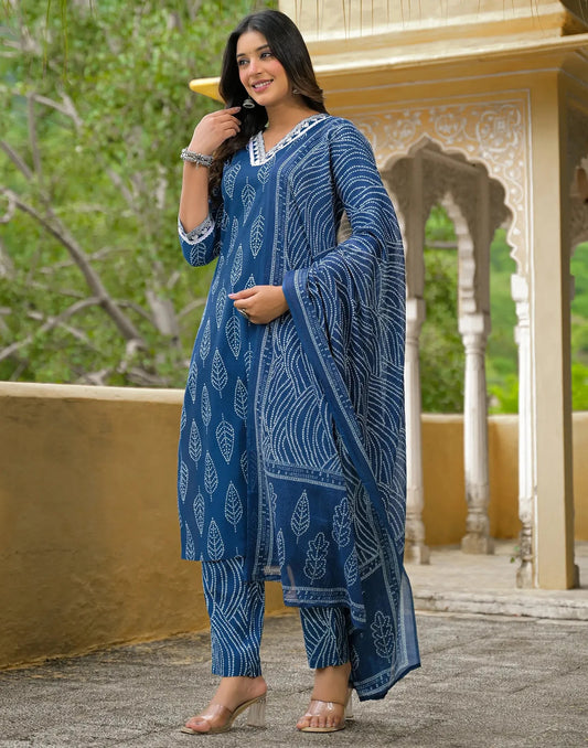 Cotton Printed V-Neck Straight Kurta with Pant & Dupatta