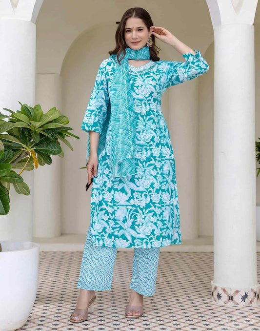 Cotton Printed Straight Kurta with Pant & Dupatta