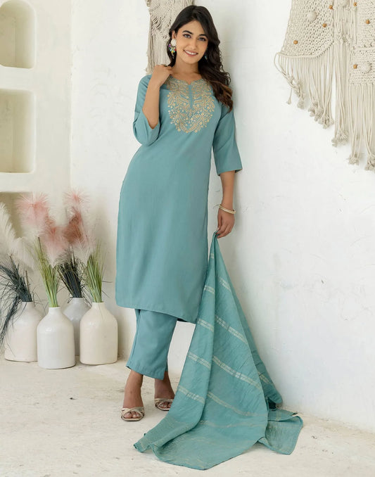 Light Green Cotton Embroidered Straight Kurta with Pant and Dupatta