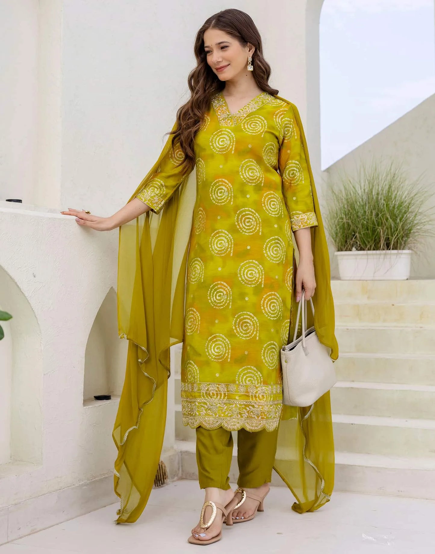 Cotton Blend Printed Straight Kurta with Pant & Dupatta