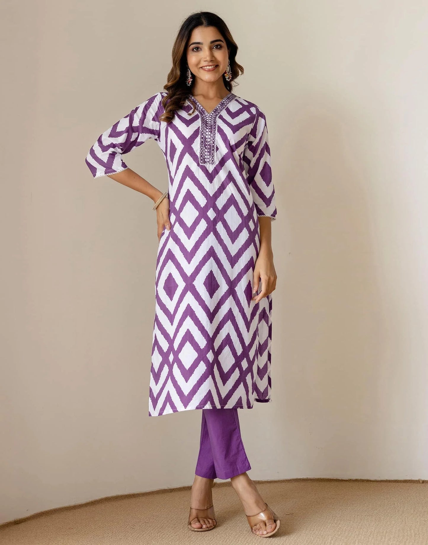 Cotton Straight Printed V-Neck Kurta with Pant & Dupatta