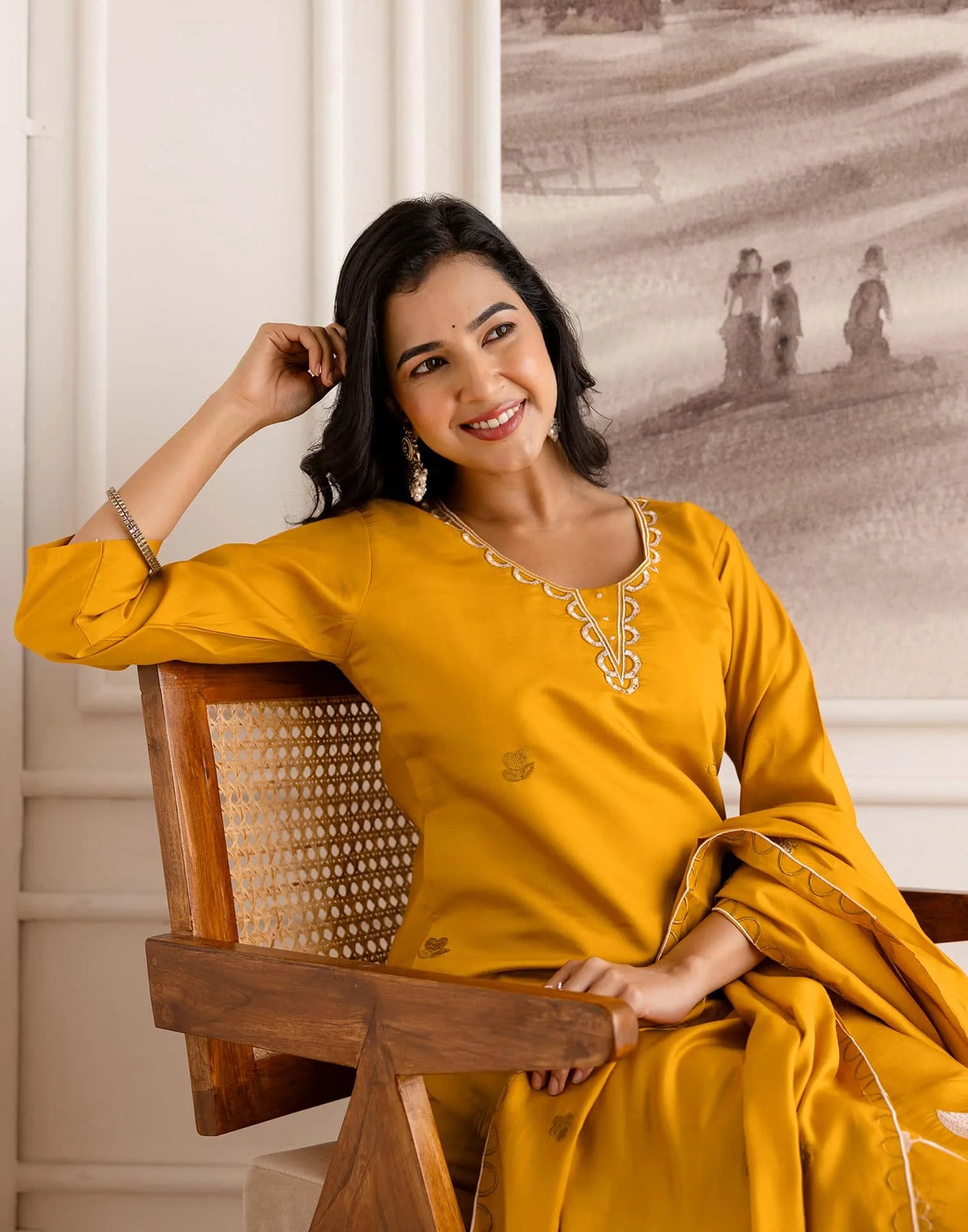 Silk Blend Embroidered Straight Kurta with Pant & Dupatta