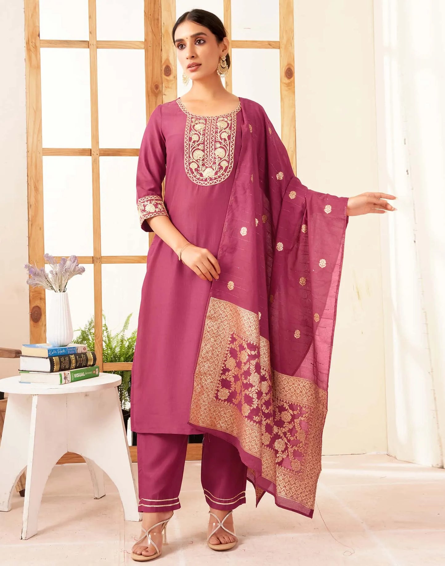 Silk Blend Solid Straight Kurta with Pant & Dupatta