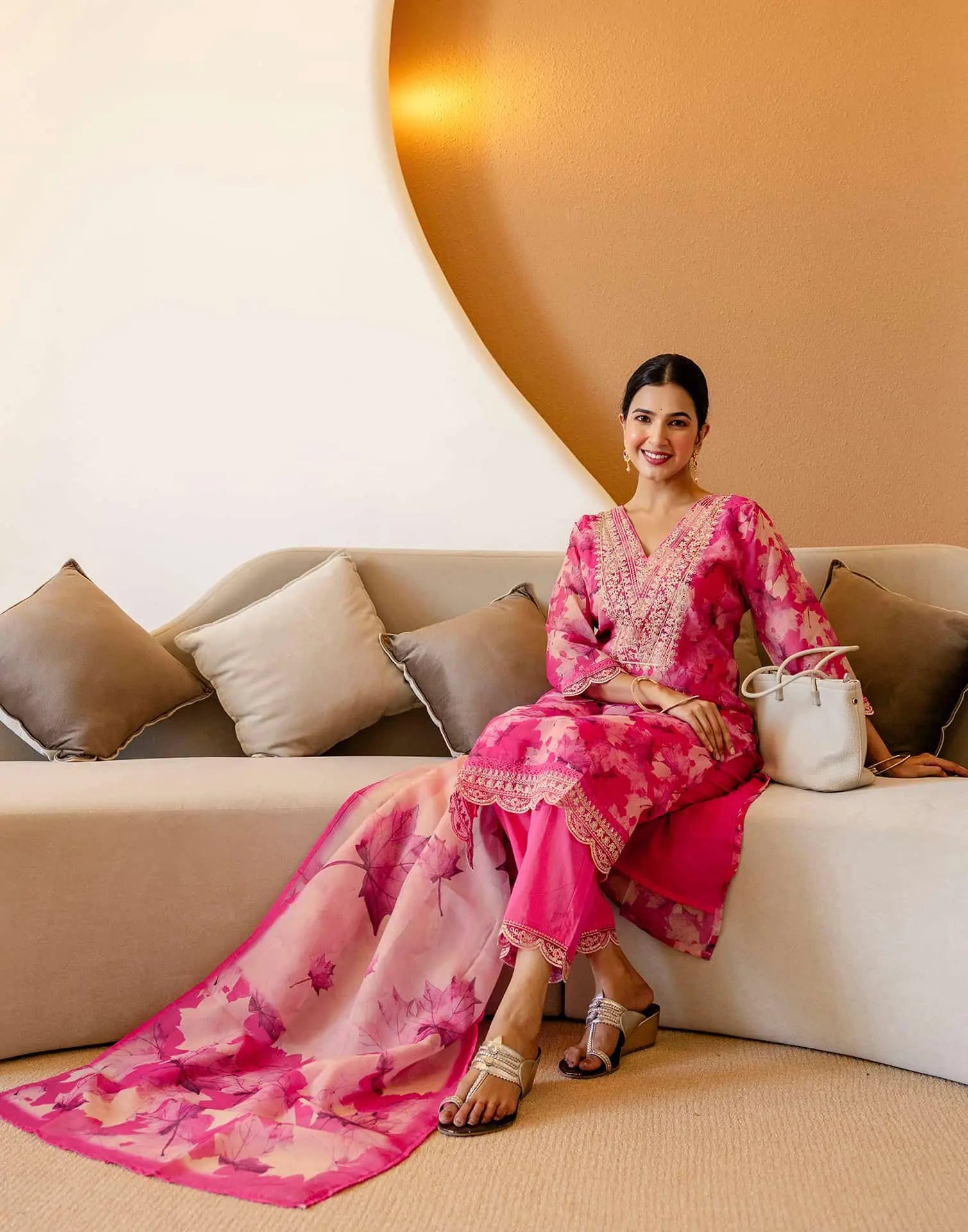 Pink Organza Printed Straight Kurta Set with Pant and Dupatta under 1299 