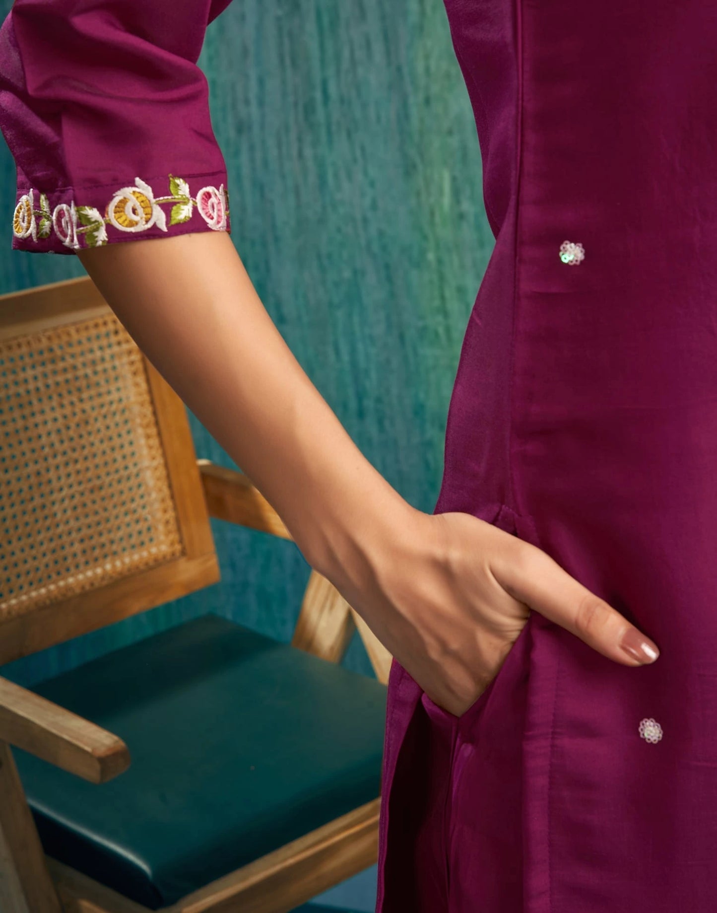 Silk Blend Embroidered Straight Kurta with Pant & Dupatta