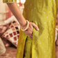Skylee Mustard Green Silk Plain V Neck 3/4 Sleeve Straight Kurta Set with Pant & Dupatta for Women