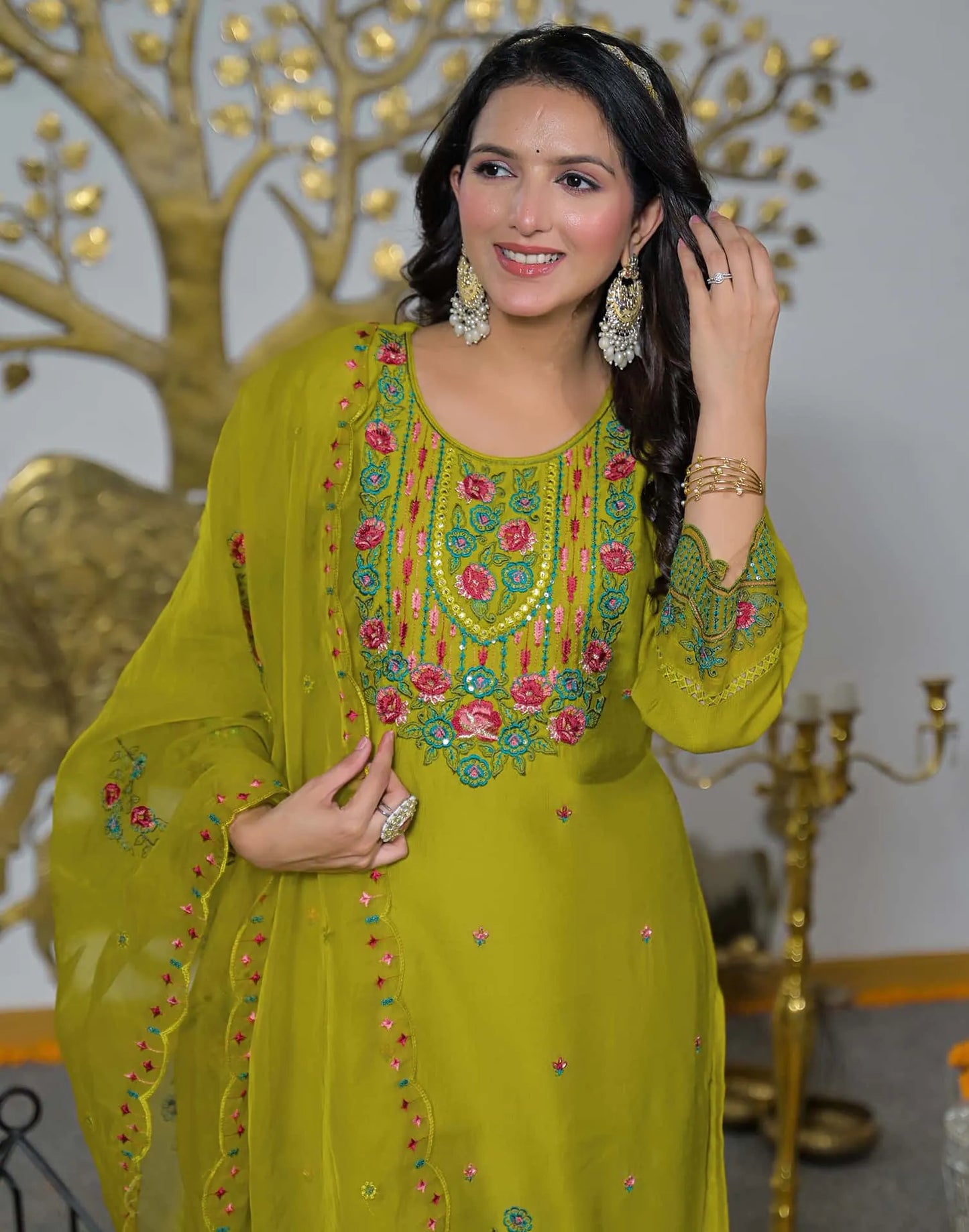 Silk Straight Embroidery Round Neck Kurta with Pant & Dupatta