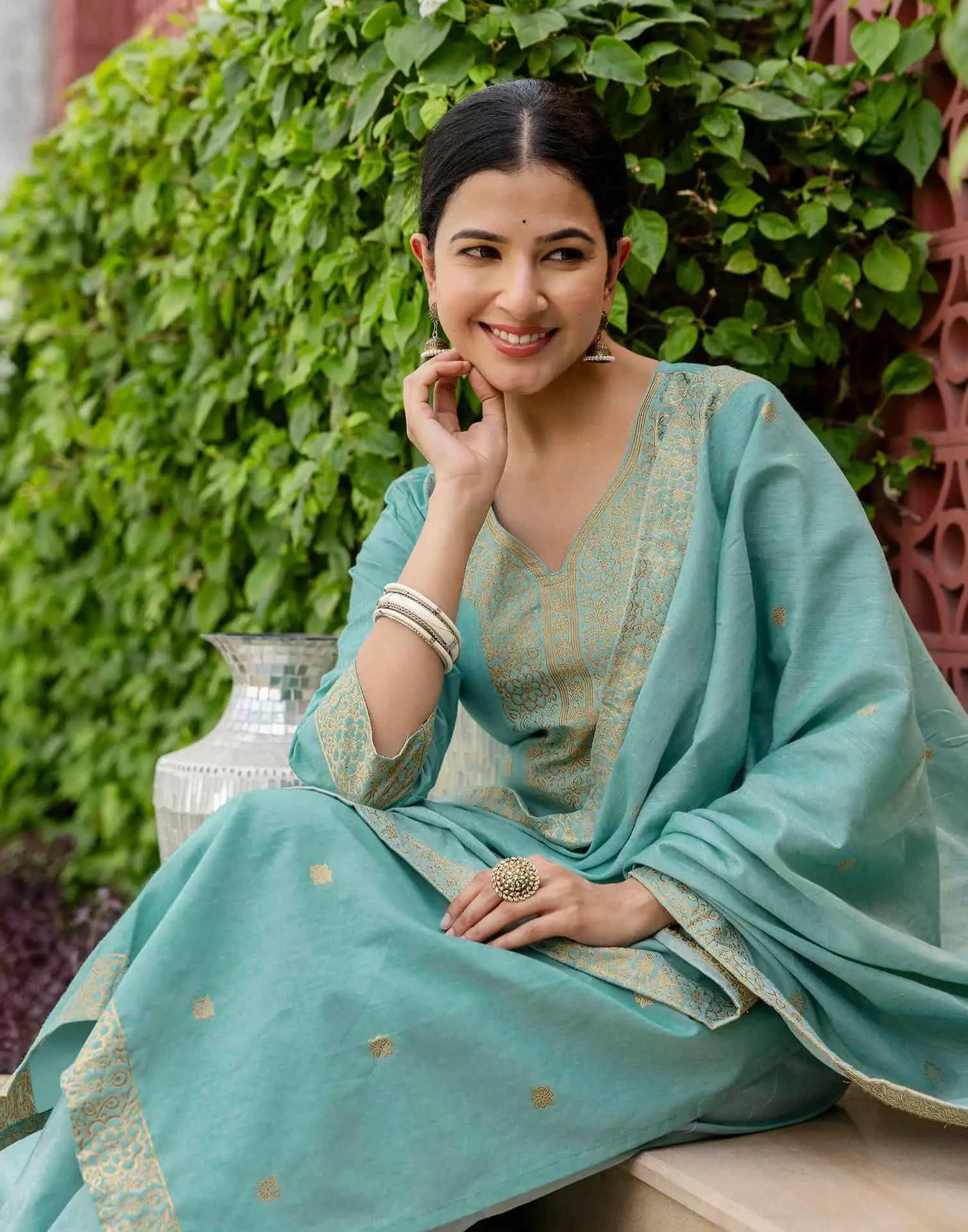 Affordable Light Blue Cotton Woven Straight Kurta Set V-Neck Woven Cotton Kurti with Pant & Dupatta