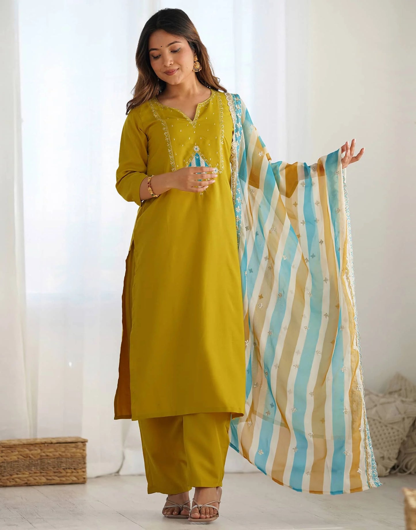 Silk Embroidery and Sequin Work Straight Kurta with Pant & Dupatta