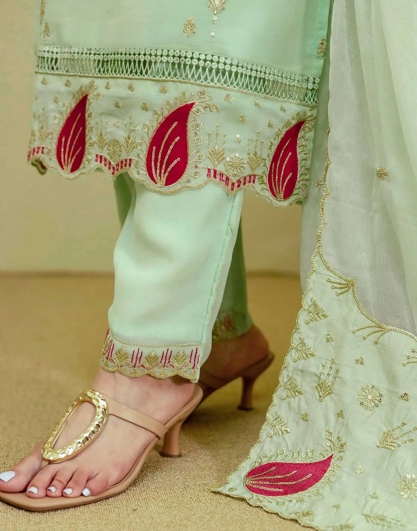 Green Georgette Embroidered Kurta Set with Pant & Dupatta