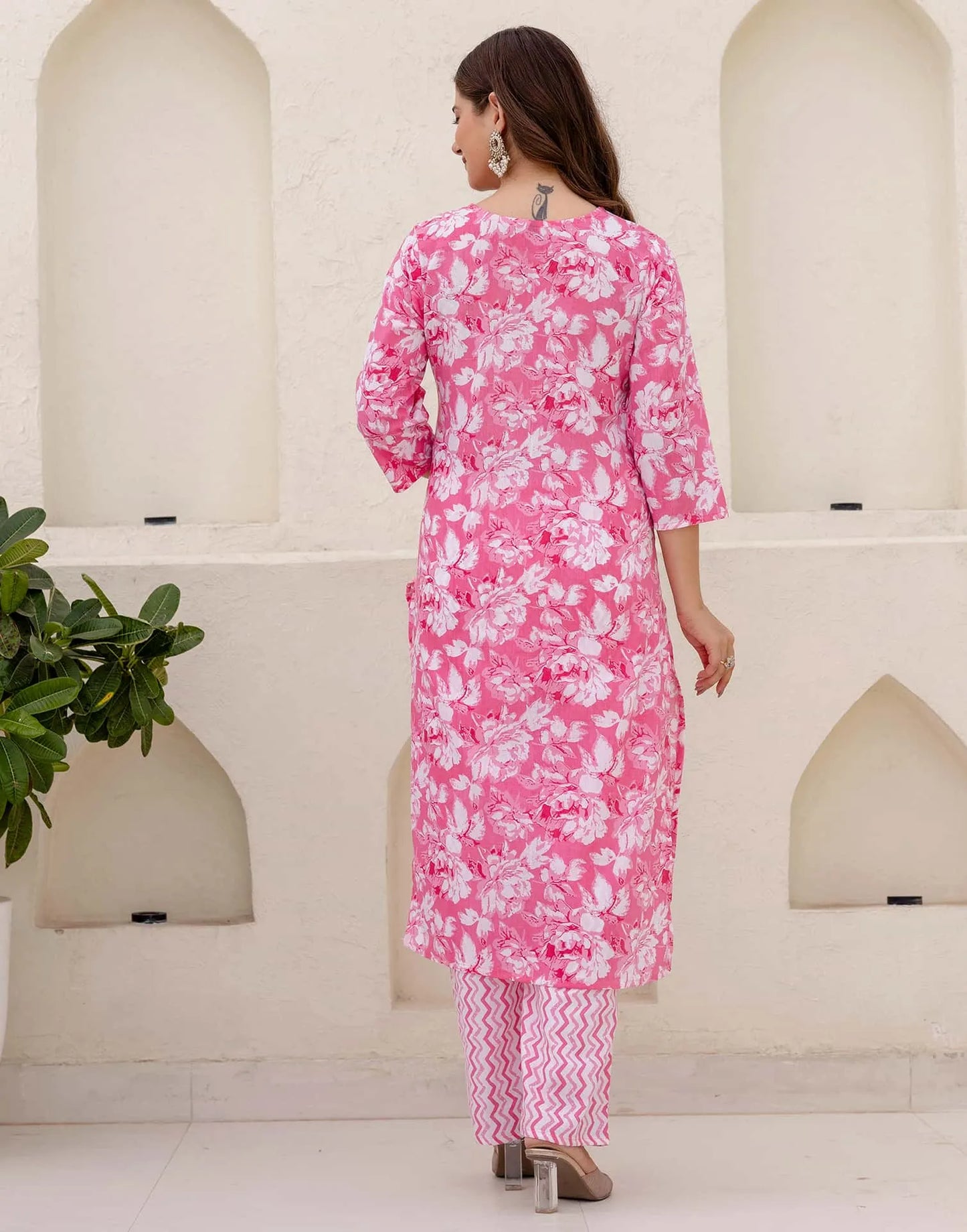 Cotton Straight Printed V-Neck Kurta with Pant & Dupatta