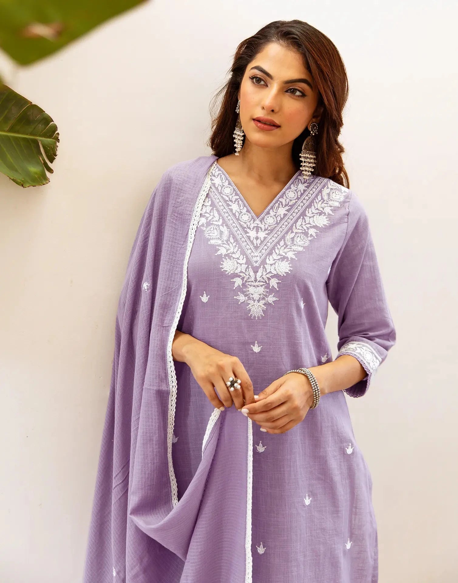 Cotton Embroidered V-Neck Straight Kurta with Pant & Dupatta