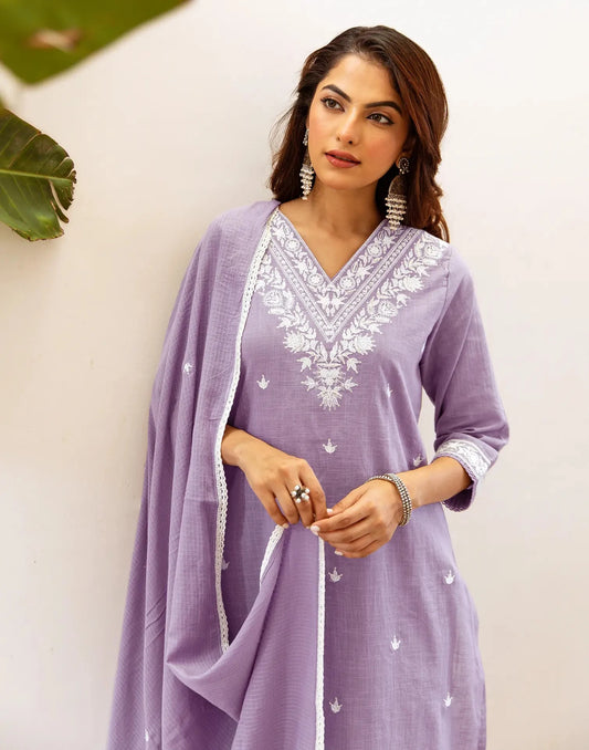 Cotton Embroidered V-Neck Straight Kurta with Pant & Dupatta