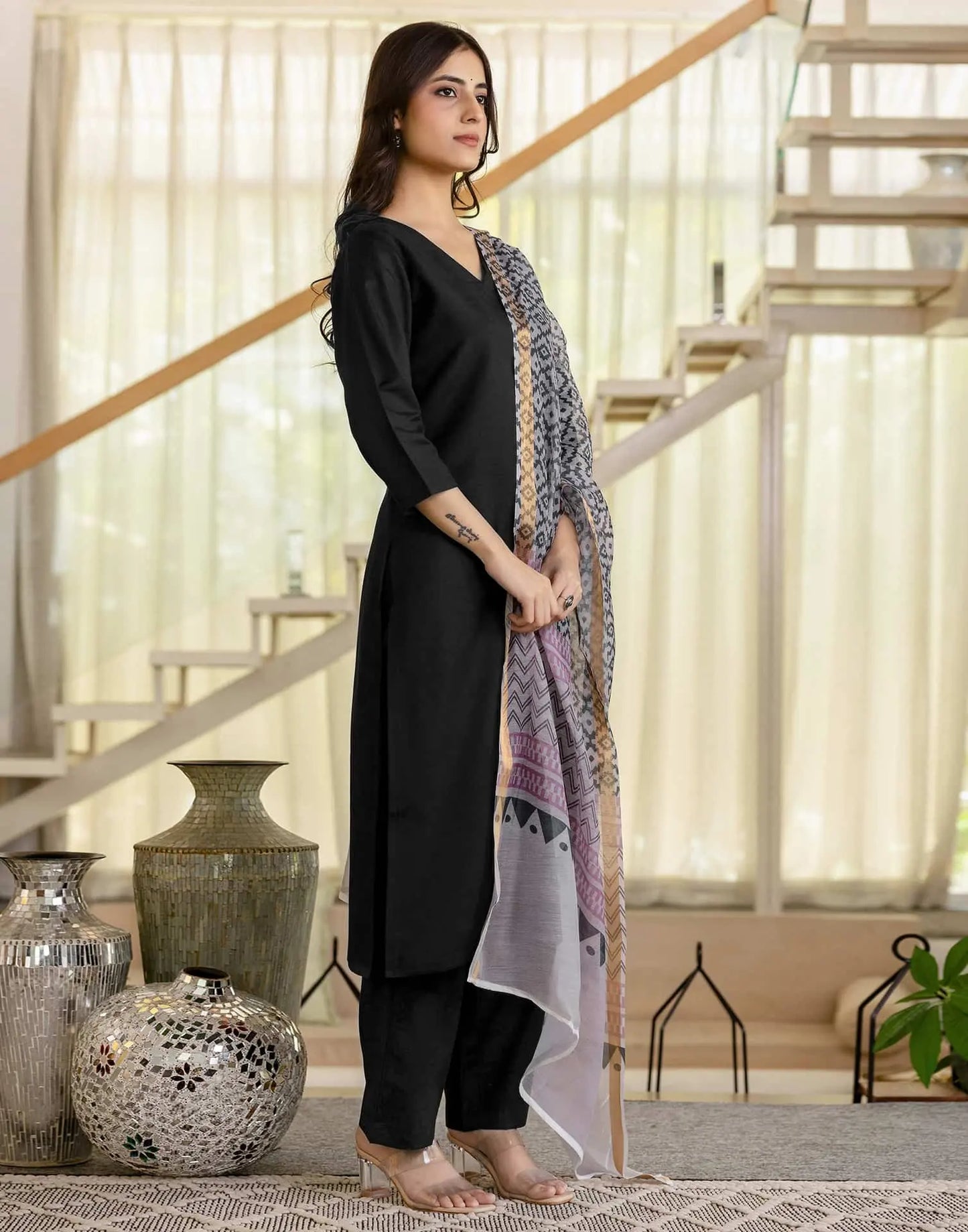 Affordable Black Cotton Blend Kurta Set with Pant & Dupatta for Women