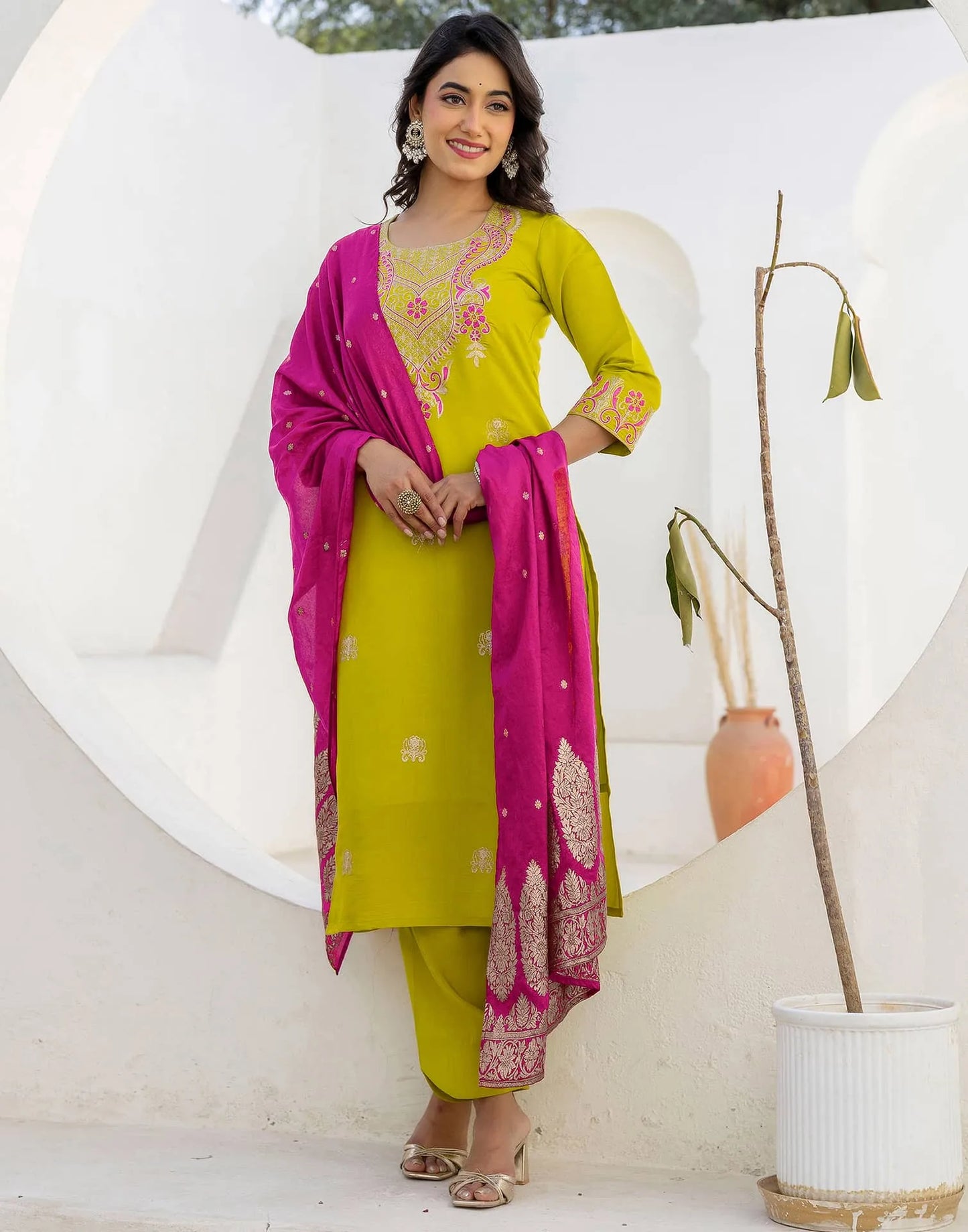 Silk Blend Embroidery Work and Embroidery Lace Straight Kurta with Pant & Dupatta