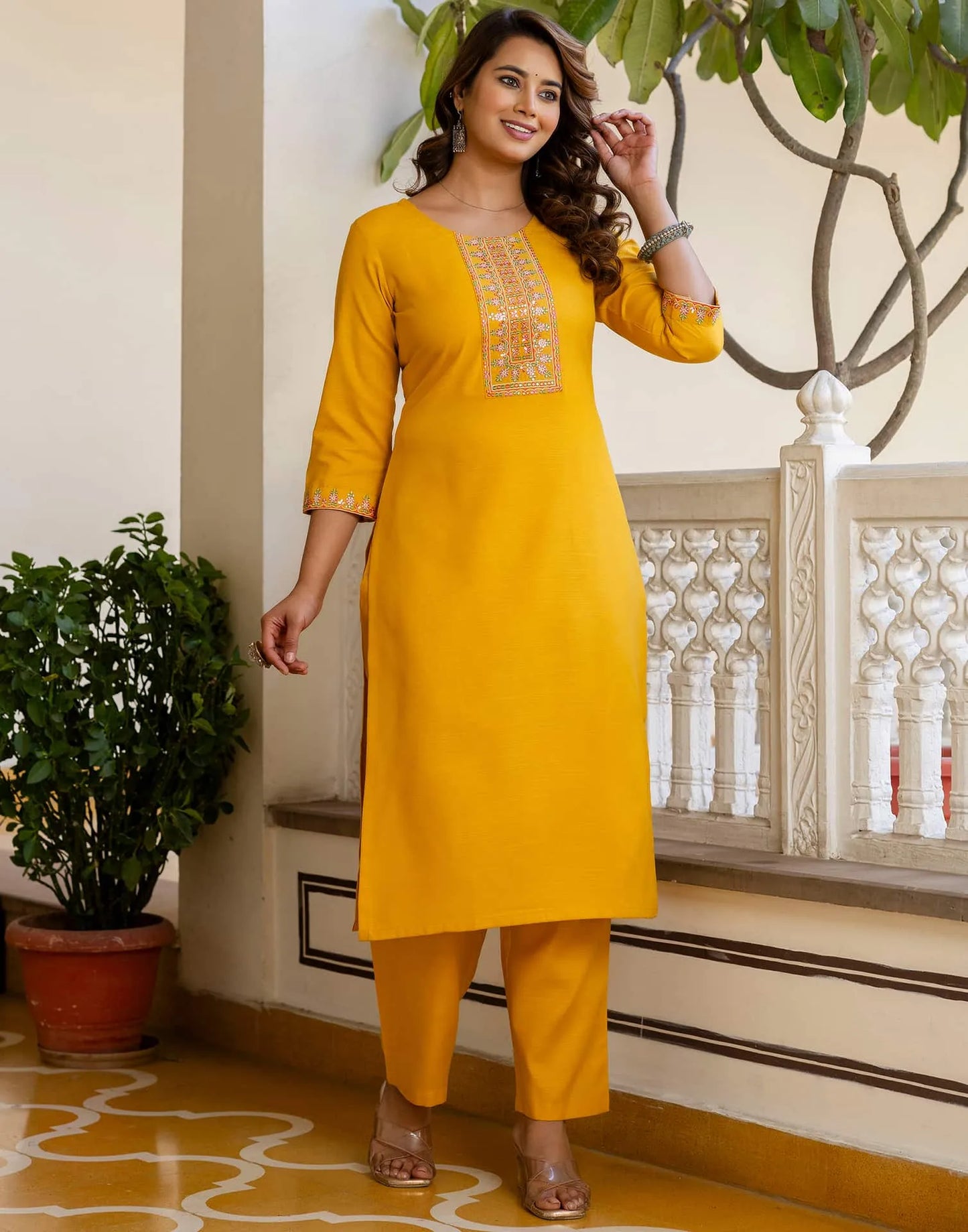 Cotton Blend Embroidery and Sequins Work Straight Kurta with Pant & Dupatta