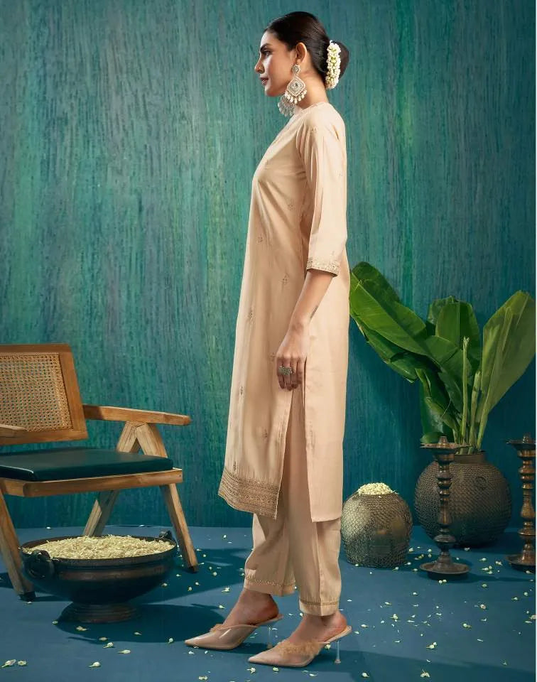 Skylee Beige silk sequence embroidered round neck kurta set with pant and dupatta