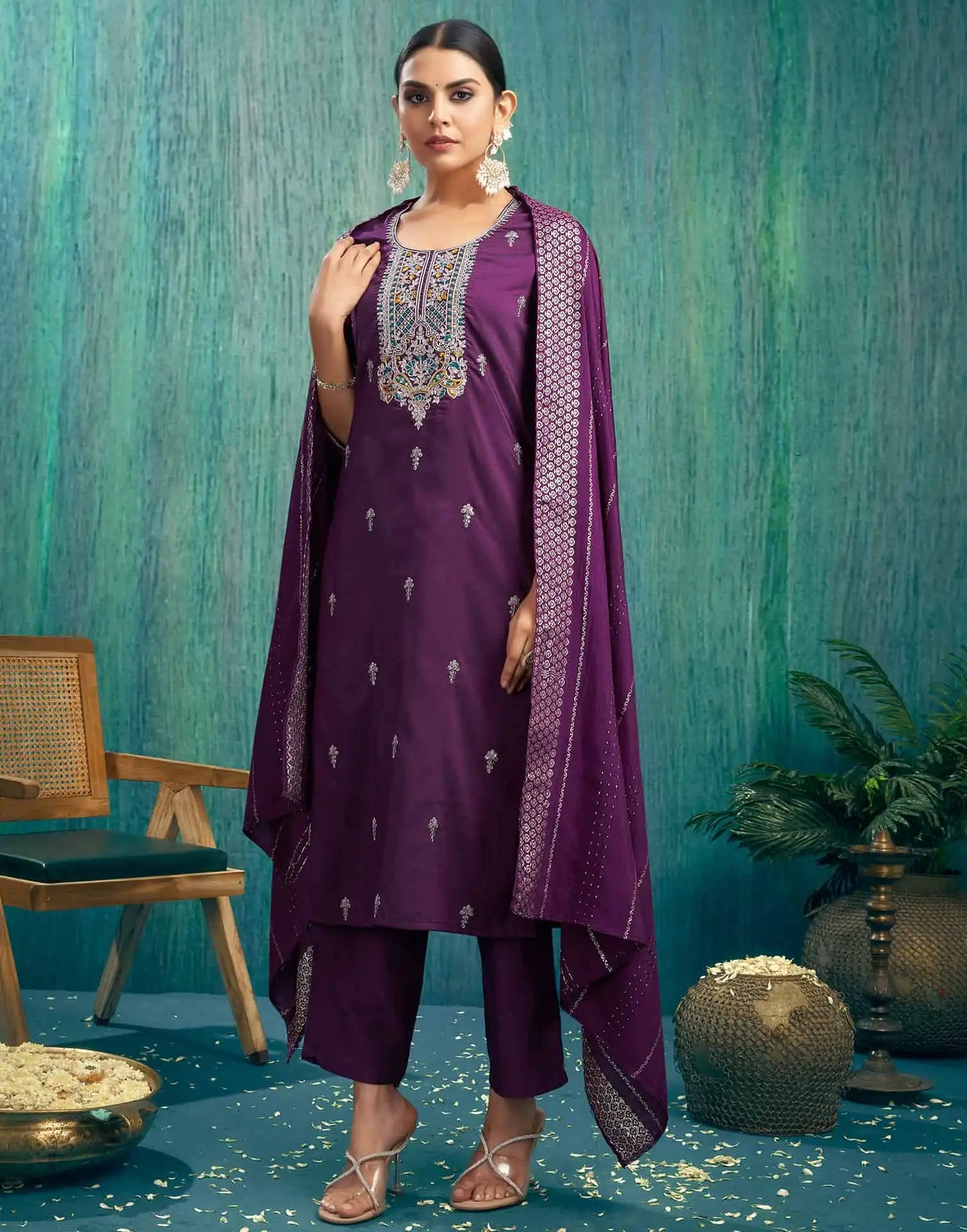 Silk Blend Embroidered Straight Kurta with Pant & Dupatta
