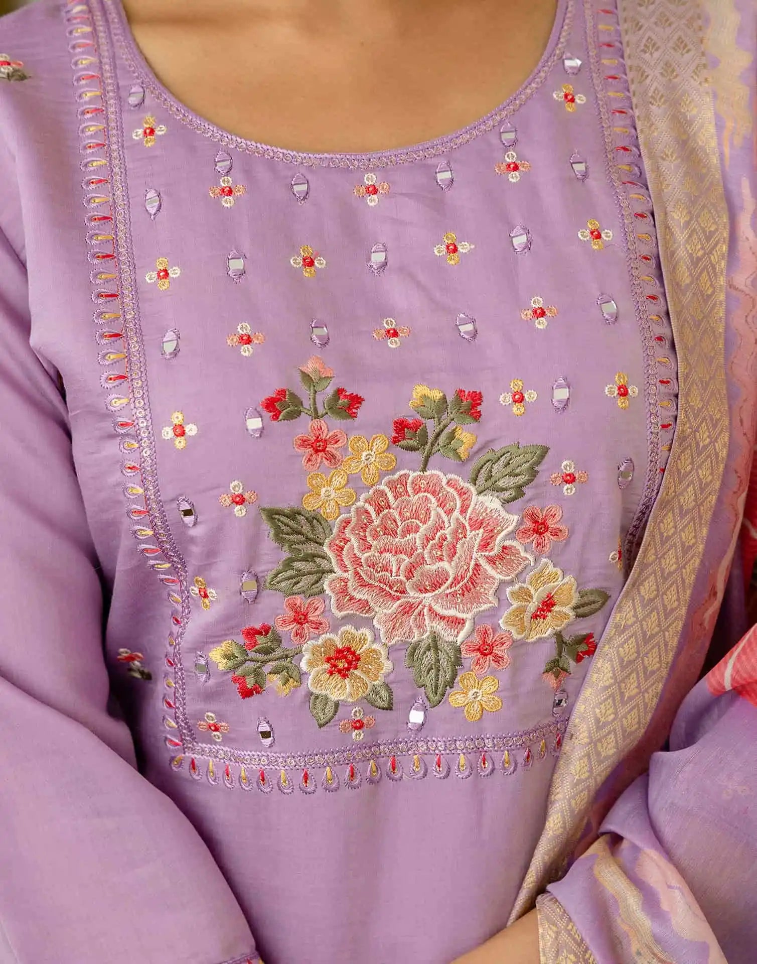 skylee Affordable Purple Silk Embroidered Round-Neck Straight Kurti with Pant & Dupatta under 999