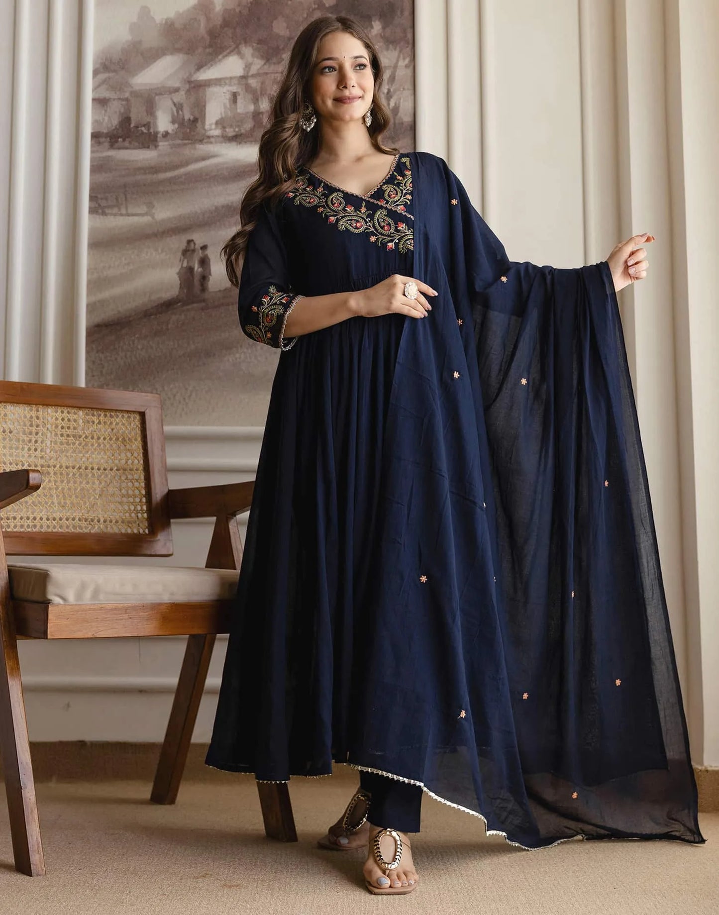 Affordable Blue Cotton Embroidered Anarkali Kurti Set