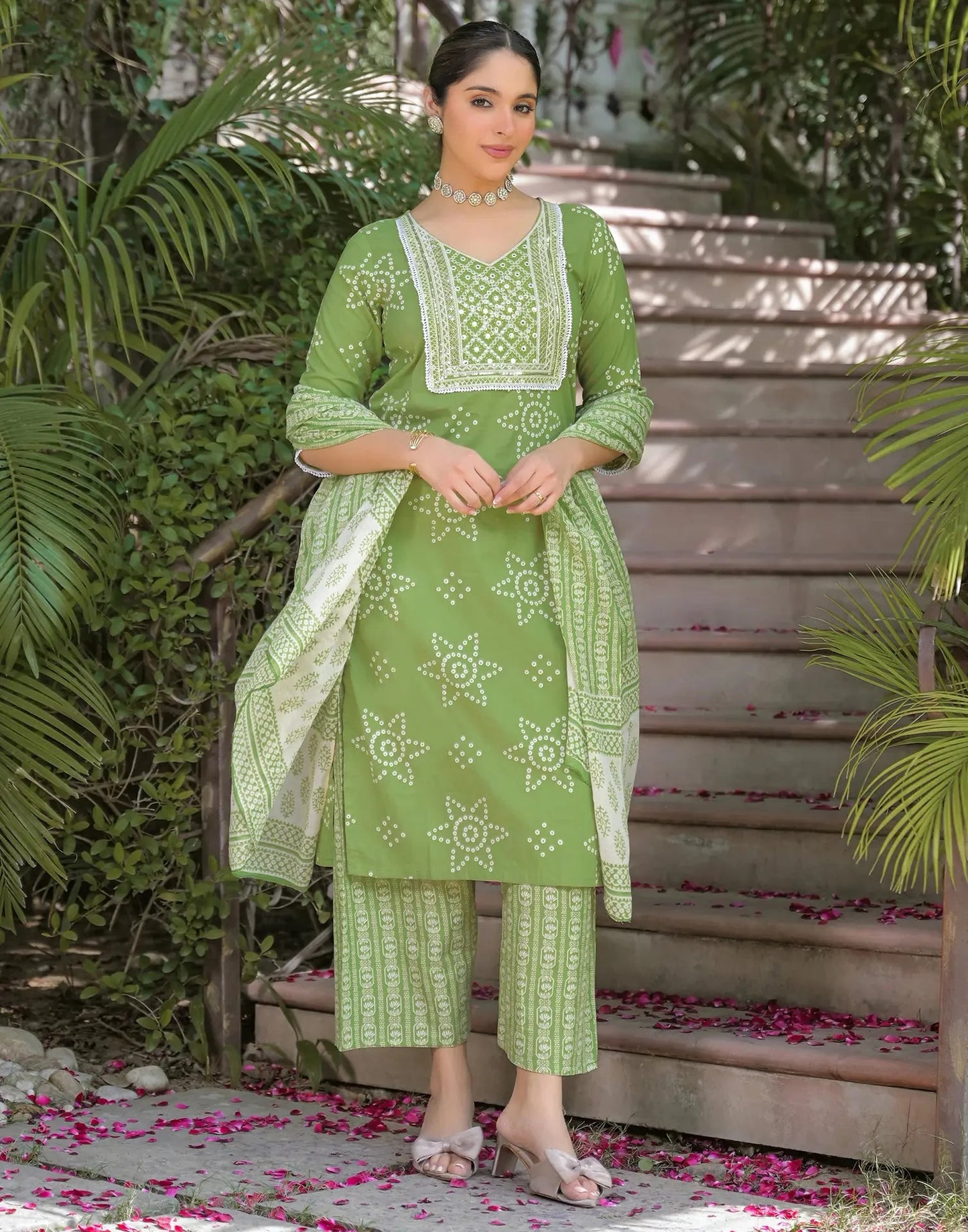 Cotton Embroidered V-Neck Straight Kurta with Pant & Dupatta
