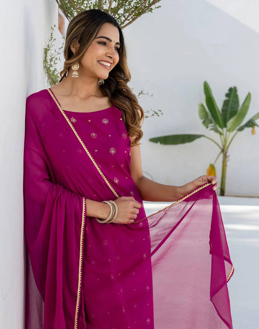 Affordable Ethnic Wear Pink Silk Blend Foil Printed Kurta Set with Embroidery Lace, Pant & Dupatta