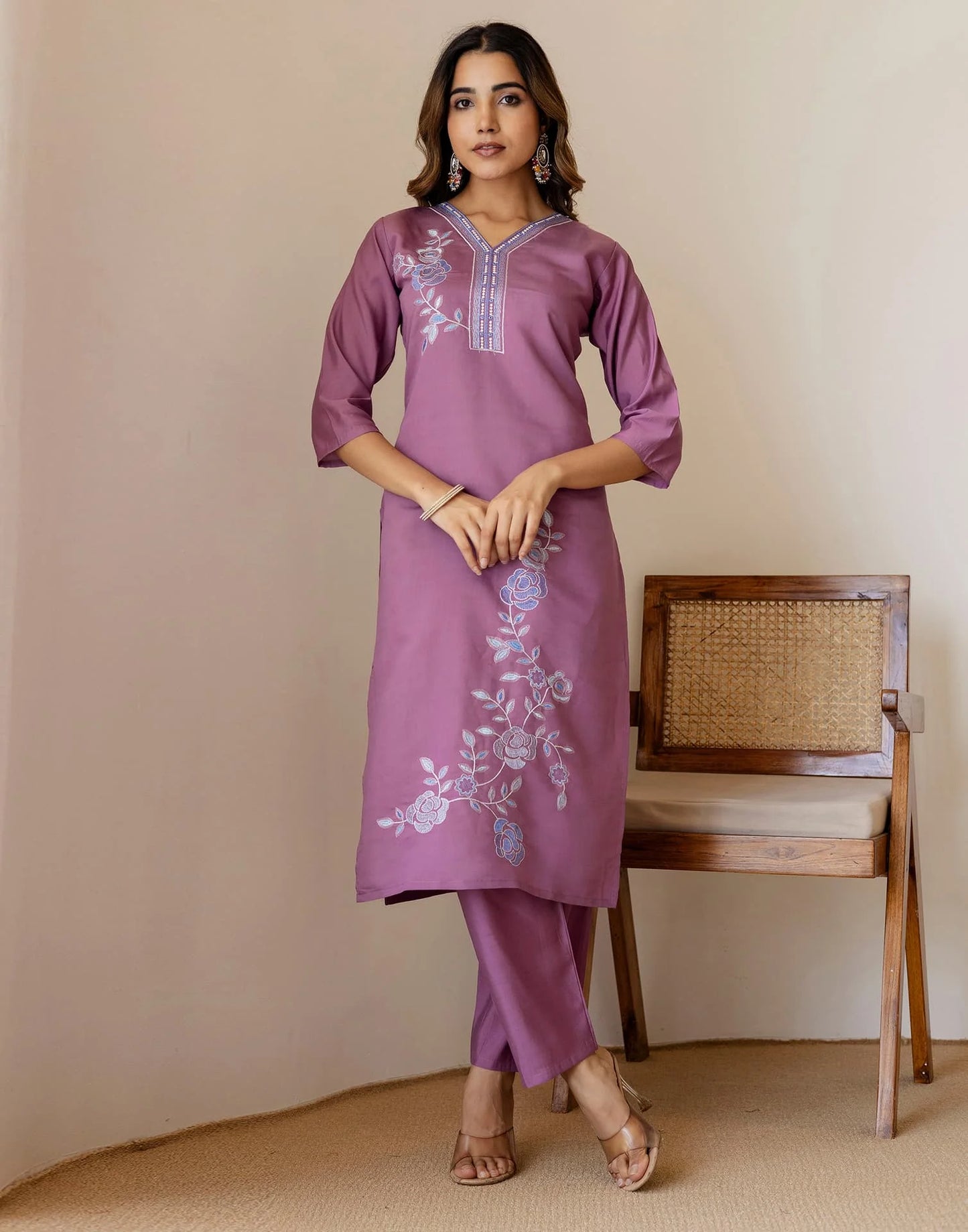Purple Silk Embroidered Straight Kurta Set with Pant & Dupatta for Women Office & Casual Wear under 1299
