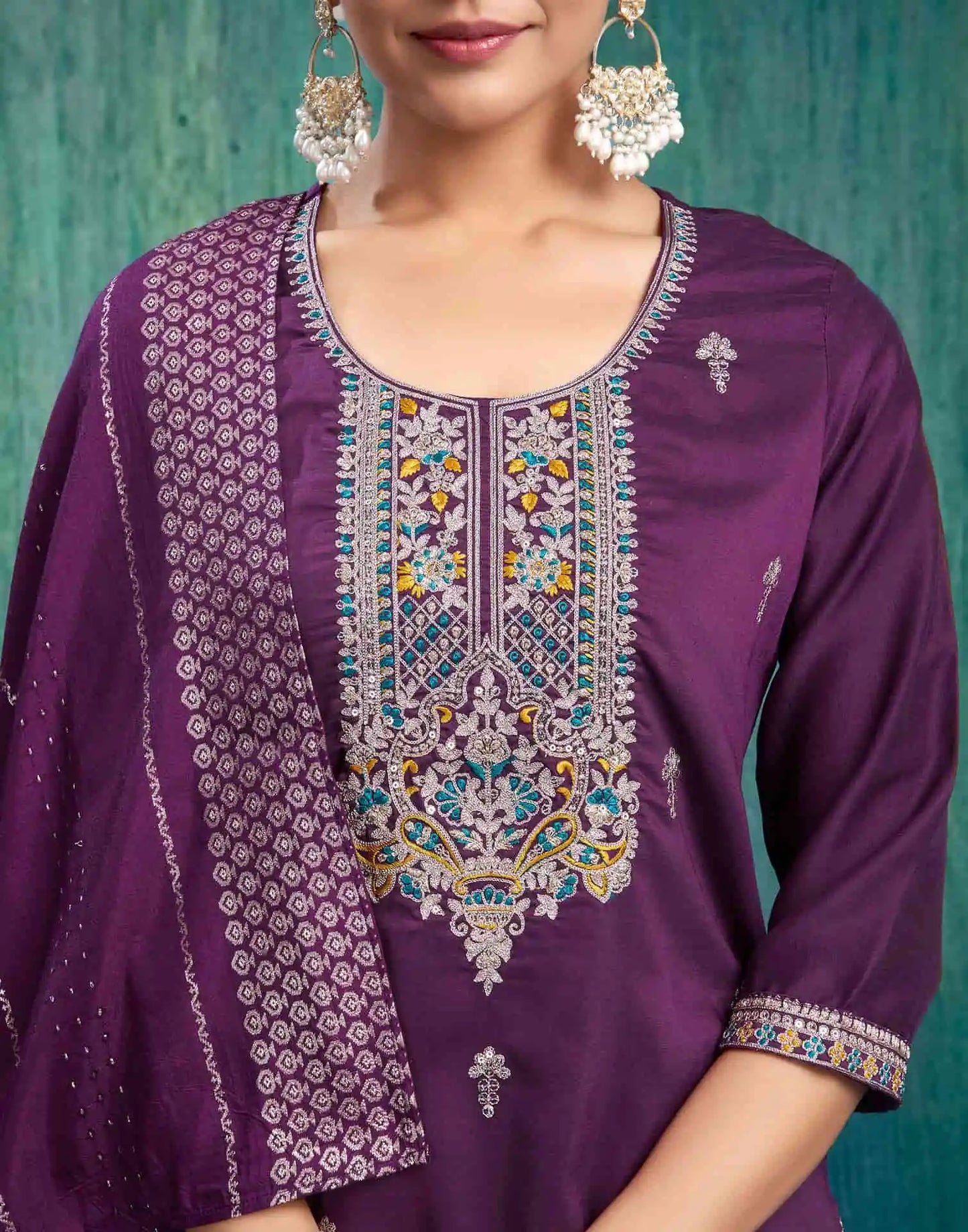 Silk Blend Embroidered Straight Kurta with Pant & Dupatta