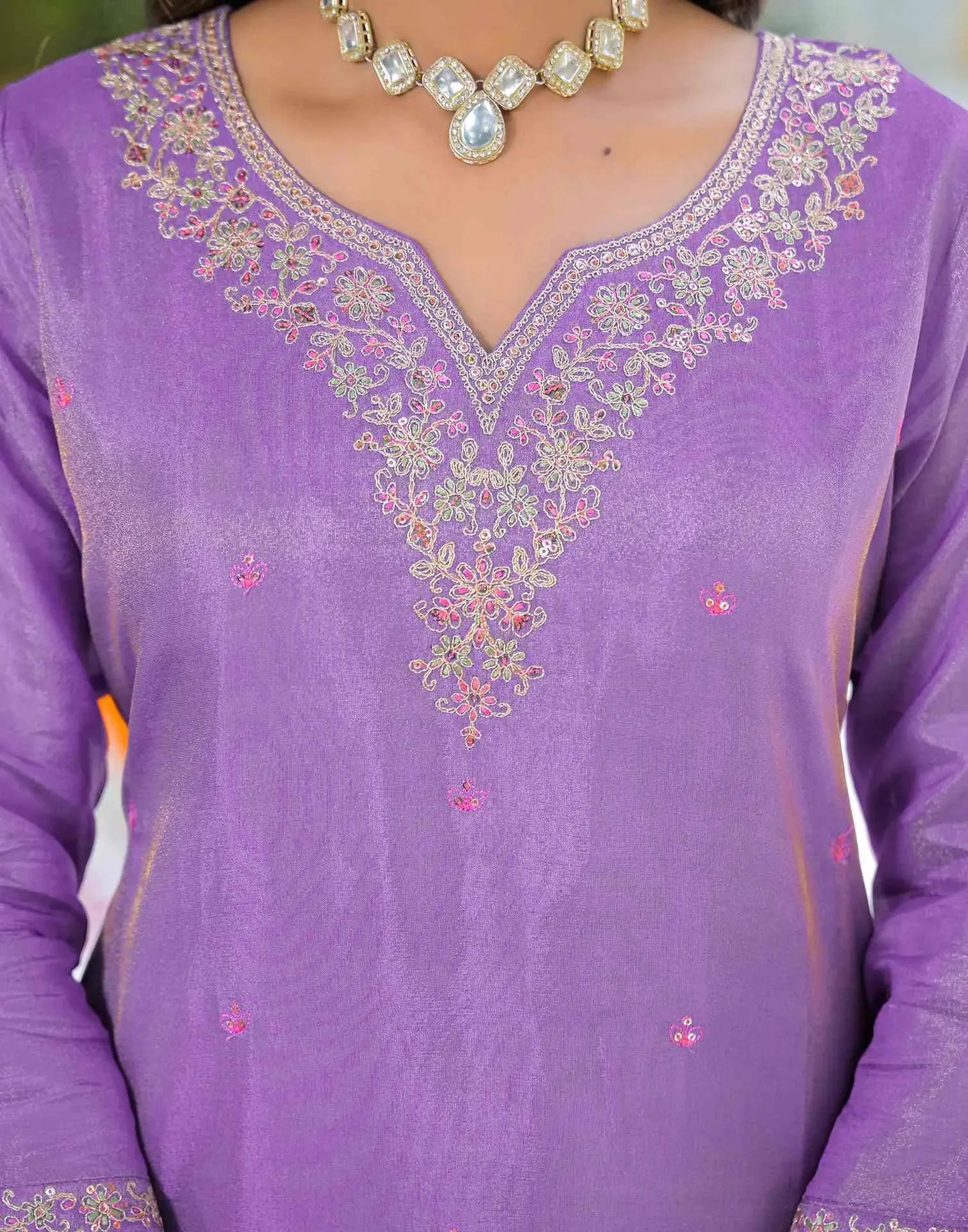 Tissue Silk Embroidered Straight U-Neck Kurta with Pant & Dupatta