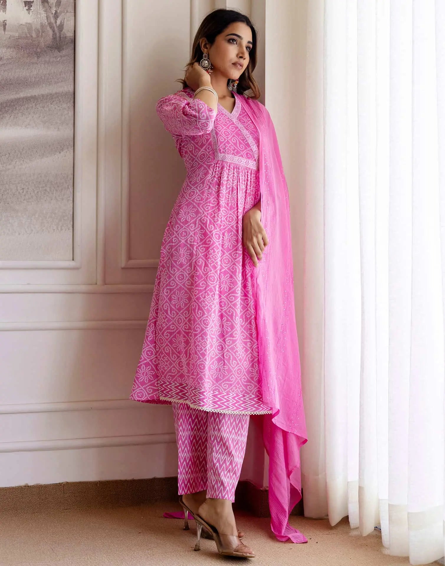 Skylee Pink Cotton Printed Anarkali Kurta Set for Women
