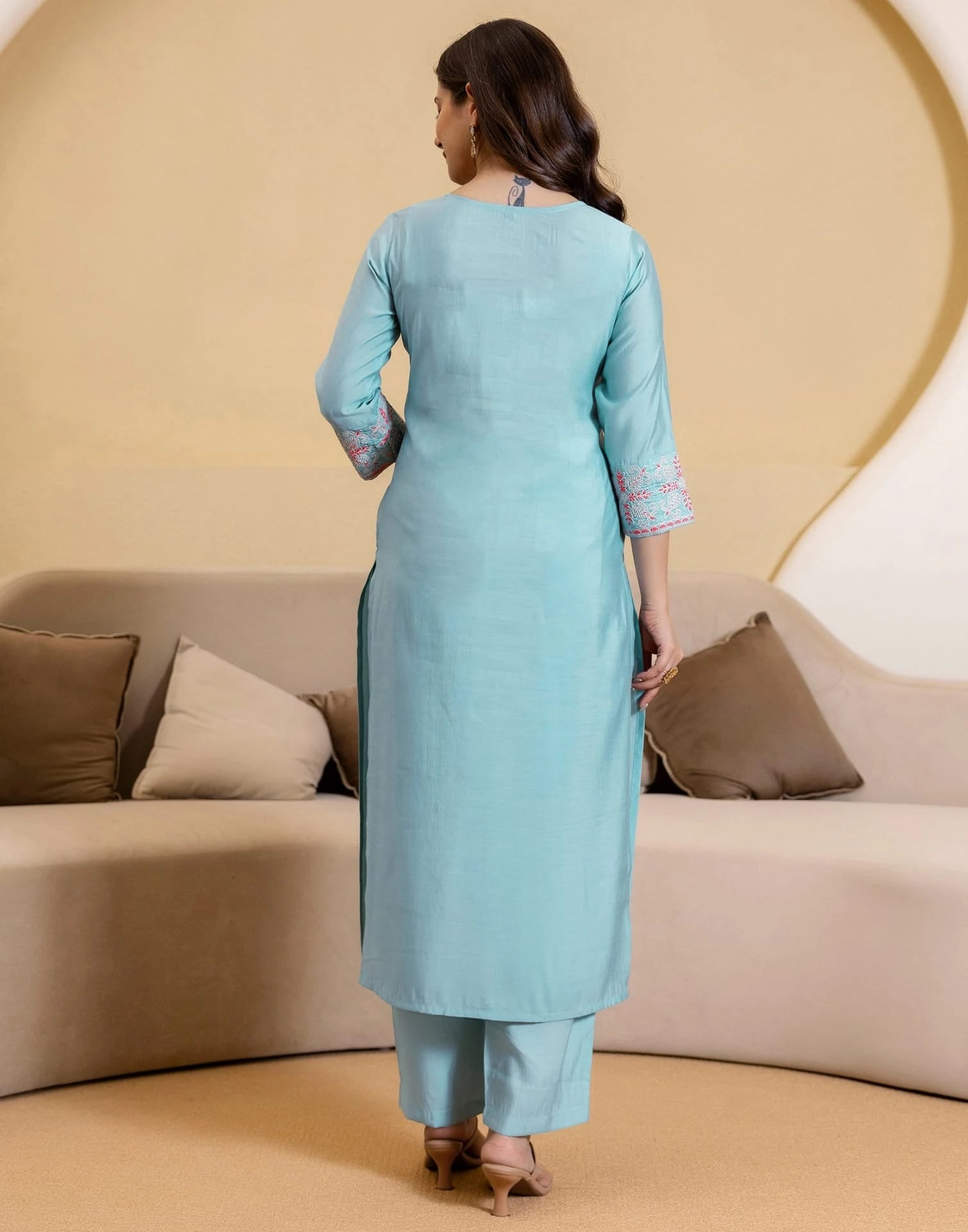 Blue Silk Blend Embroidered Straight Kurta with Pant & Dupatta
