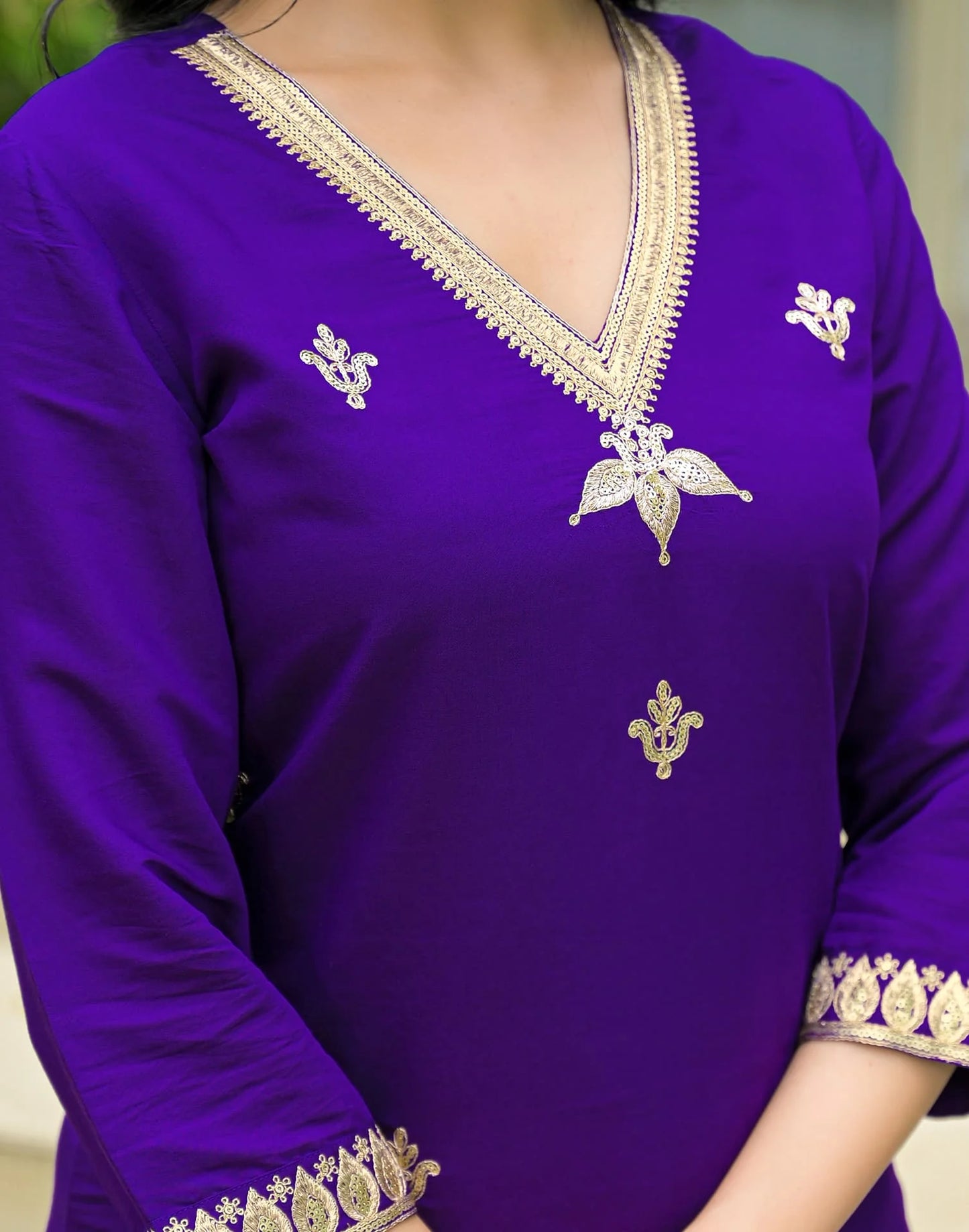 Affordable Purple Silk Embroidered Straight Kurta Set V-Neck Silk Kurti with Pant & Dupatta