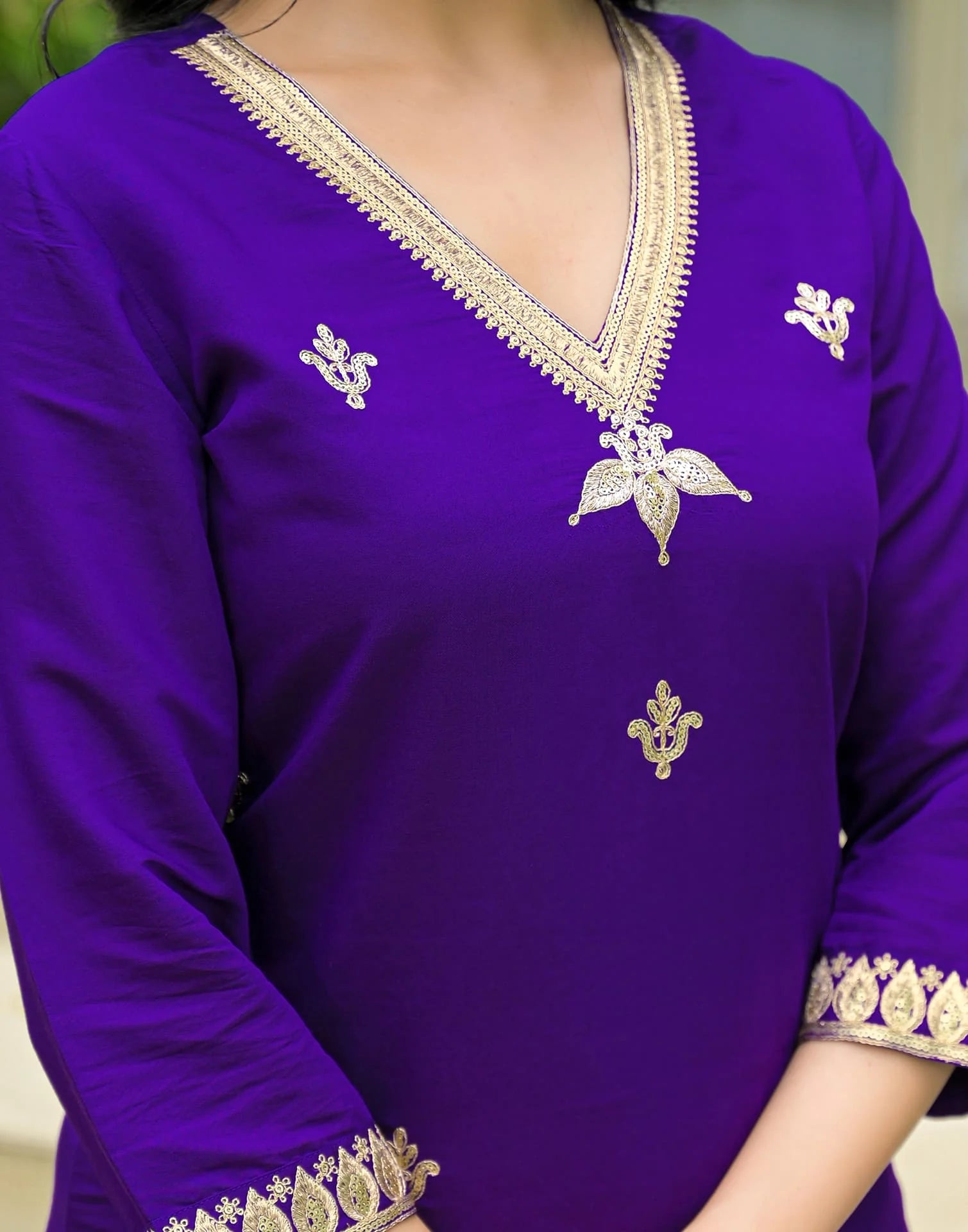 Affordable Purple Silk Embroidered Straight Kurta Set V-Neck Silk Kurti with Pant & Dupatta