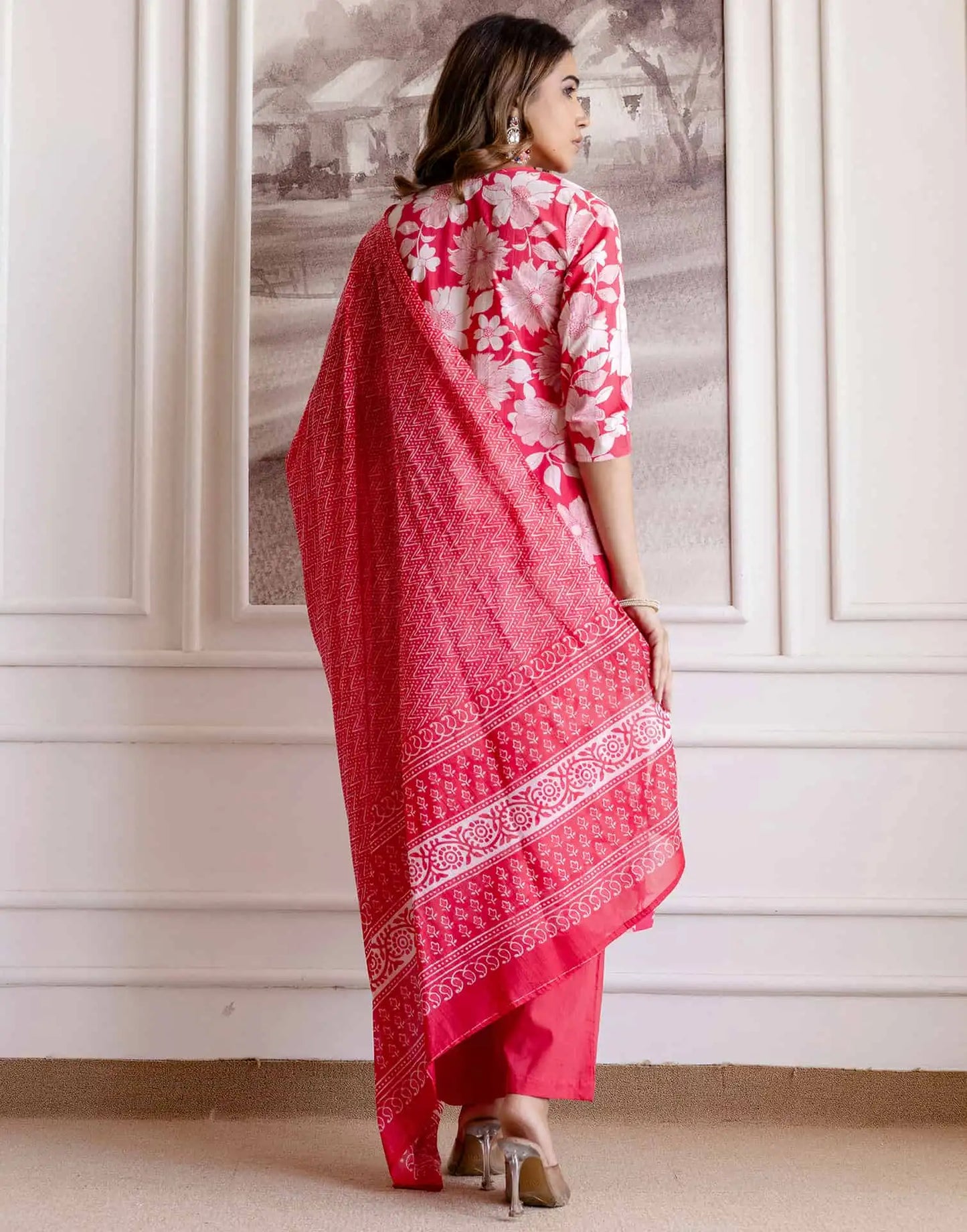 Pink Cotton Printed Straight Kurta Set with Pant & Dupatta V-Neck Floral Kurti for Women