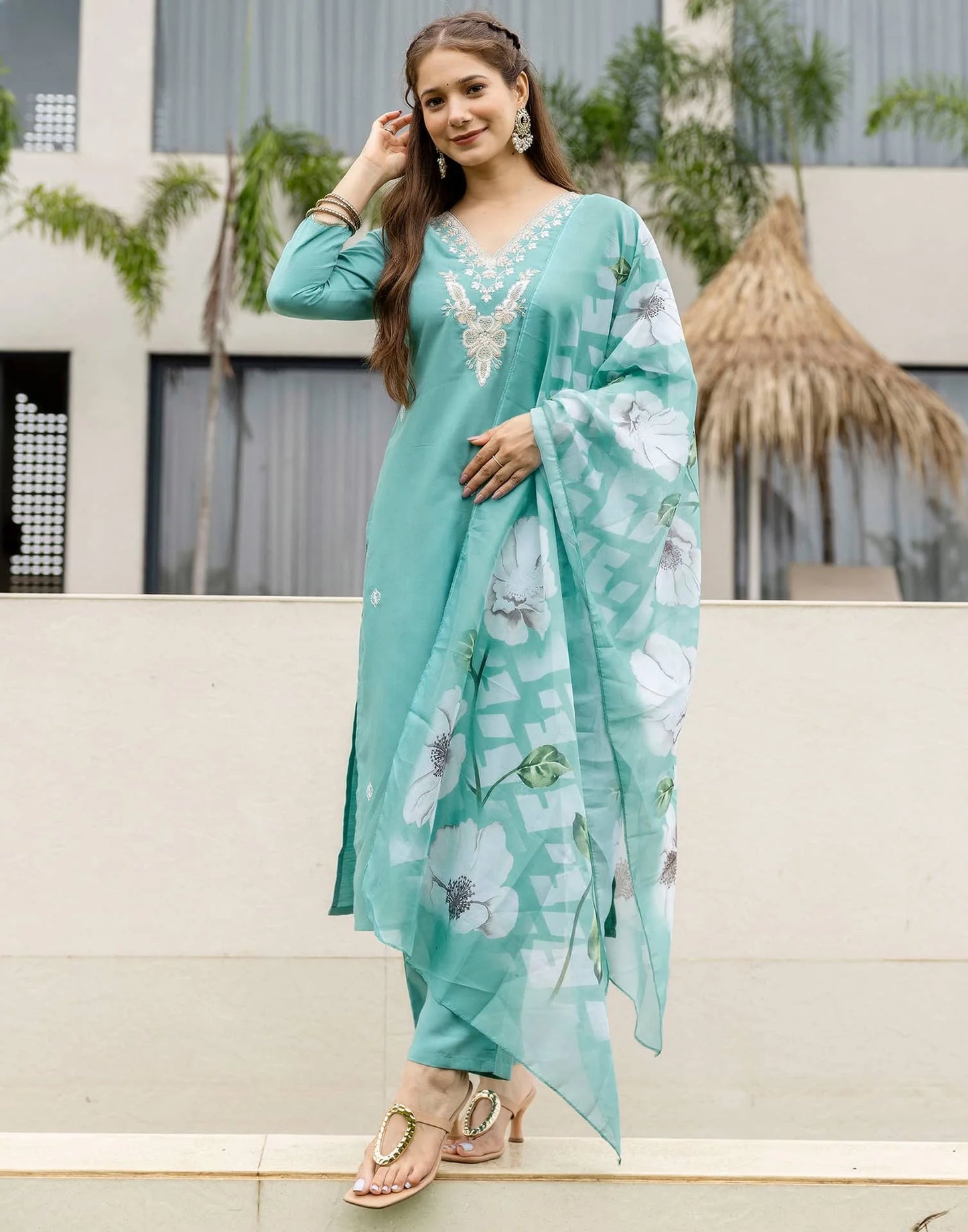 Cotton Slub Straight Embroidery V-Neck Kurta with Pant & Dupatta