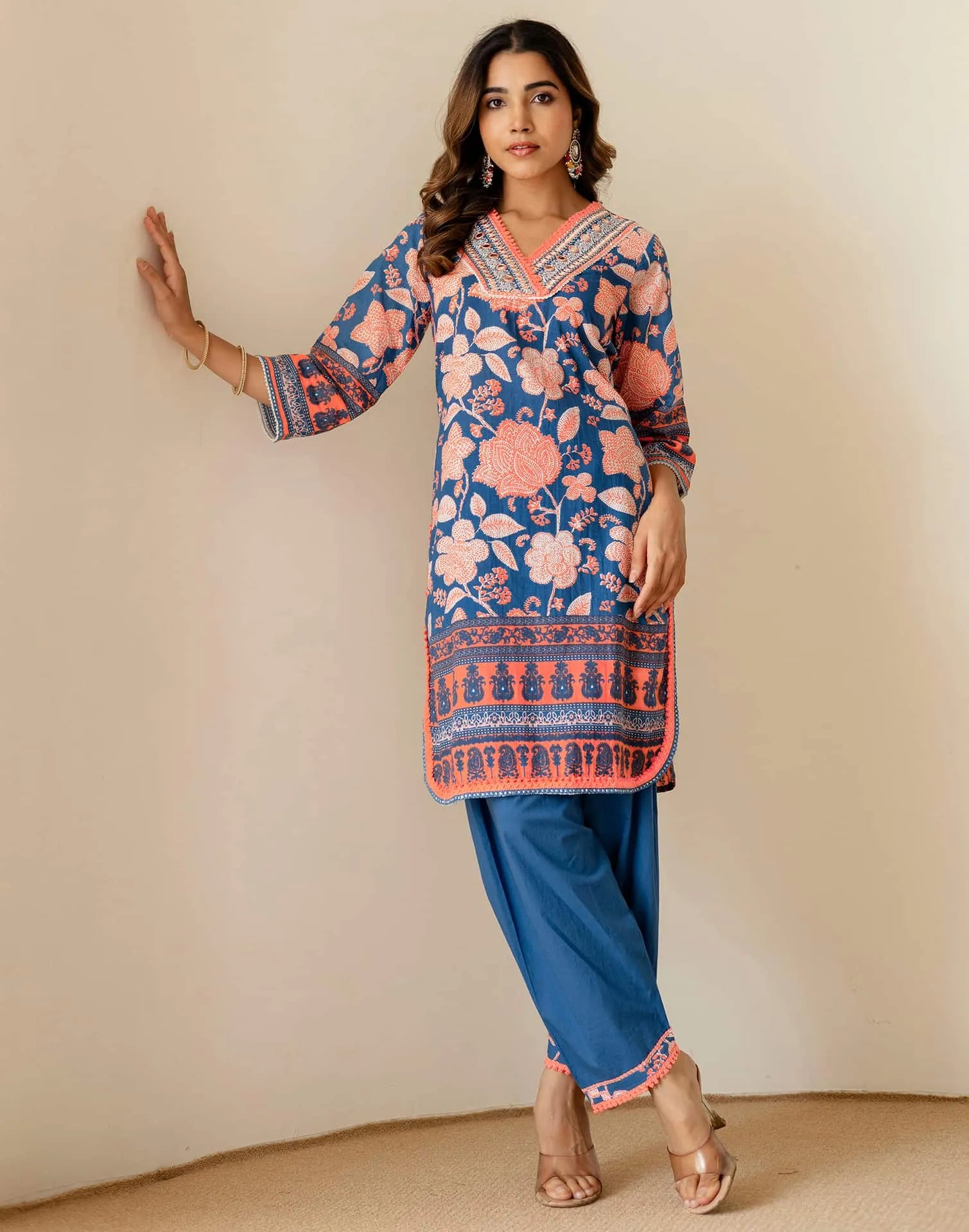 Affordable Blue Cotton Printed Straight Kurta Set with Patiala & Dupatta under 999