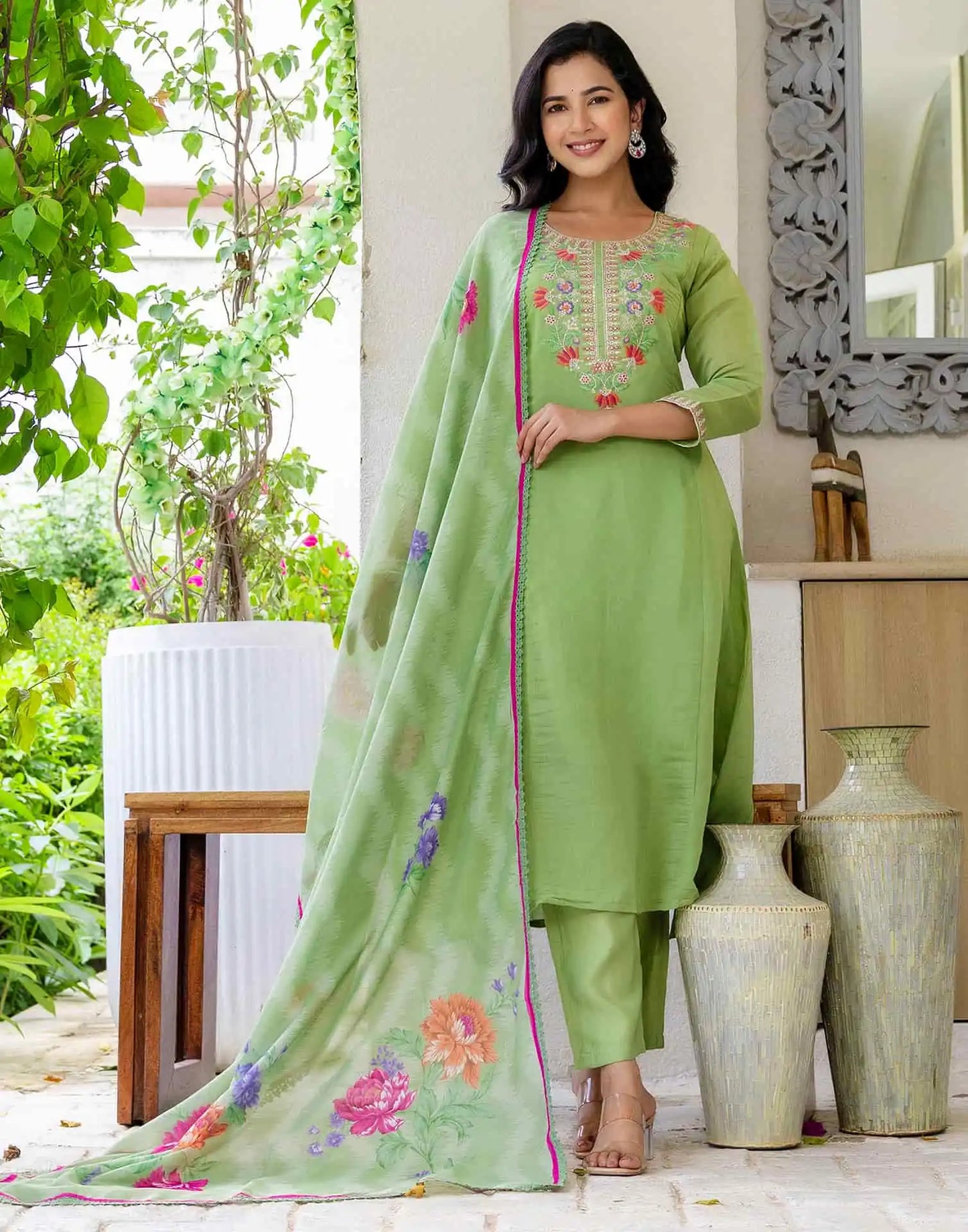 Silk Embroidered A-Line Kurta with Pant & Dupatta